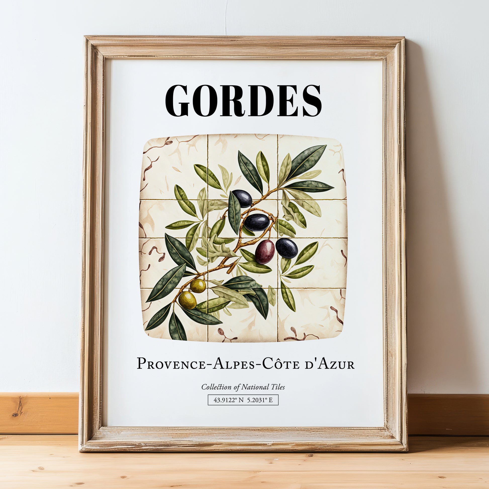 Gordes, France – Travel Poster, in wooden frame leaning on the floor