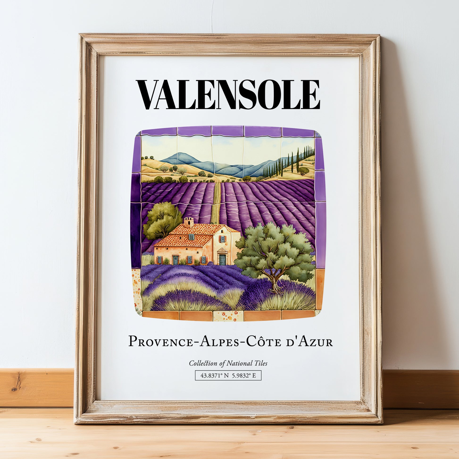 Valensole, France – Illustrated Travel Poster, in wooden frame leaning on the floor