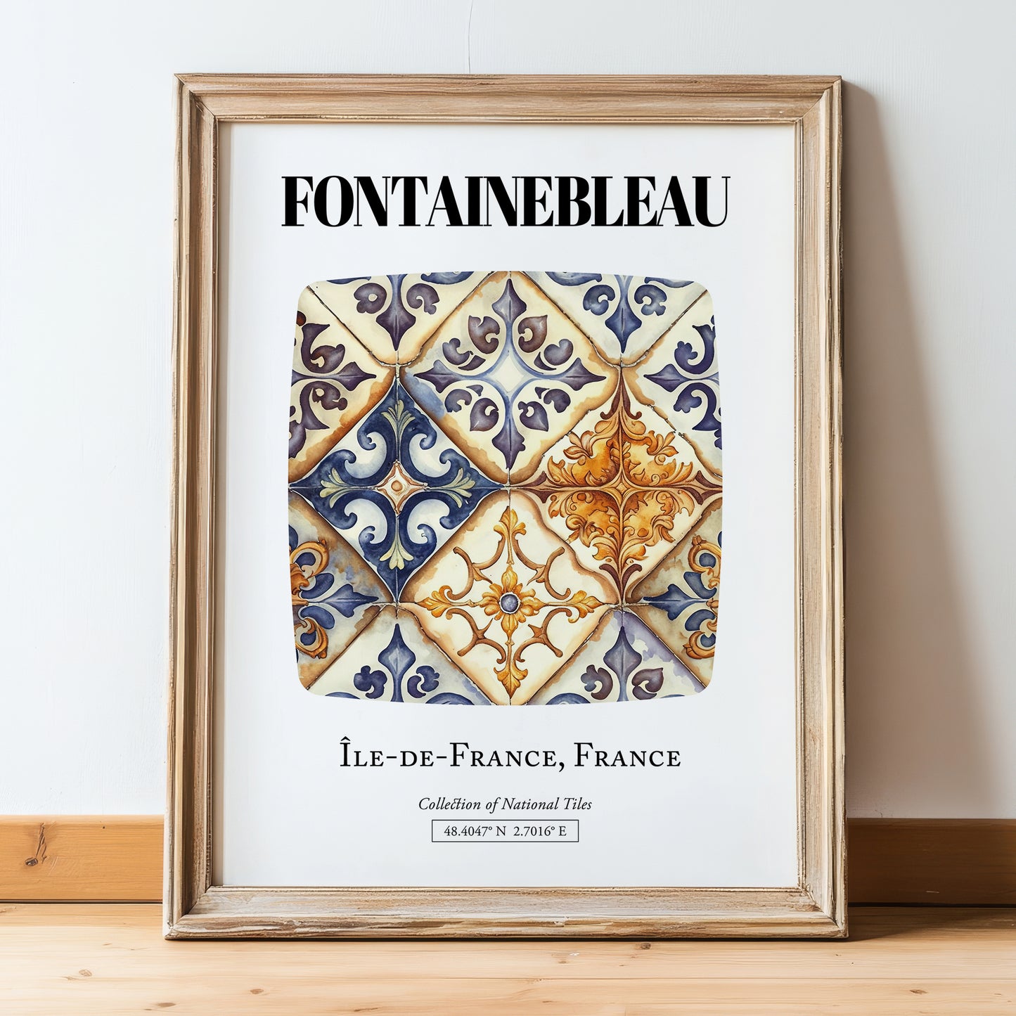 Fontainebleau, France – Tourist Destination Poster, in wooden frame leaning on the floor