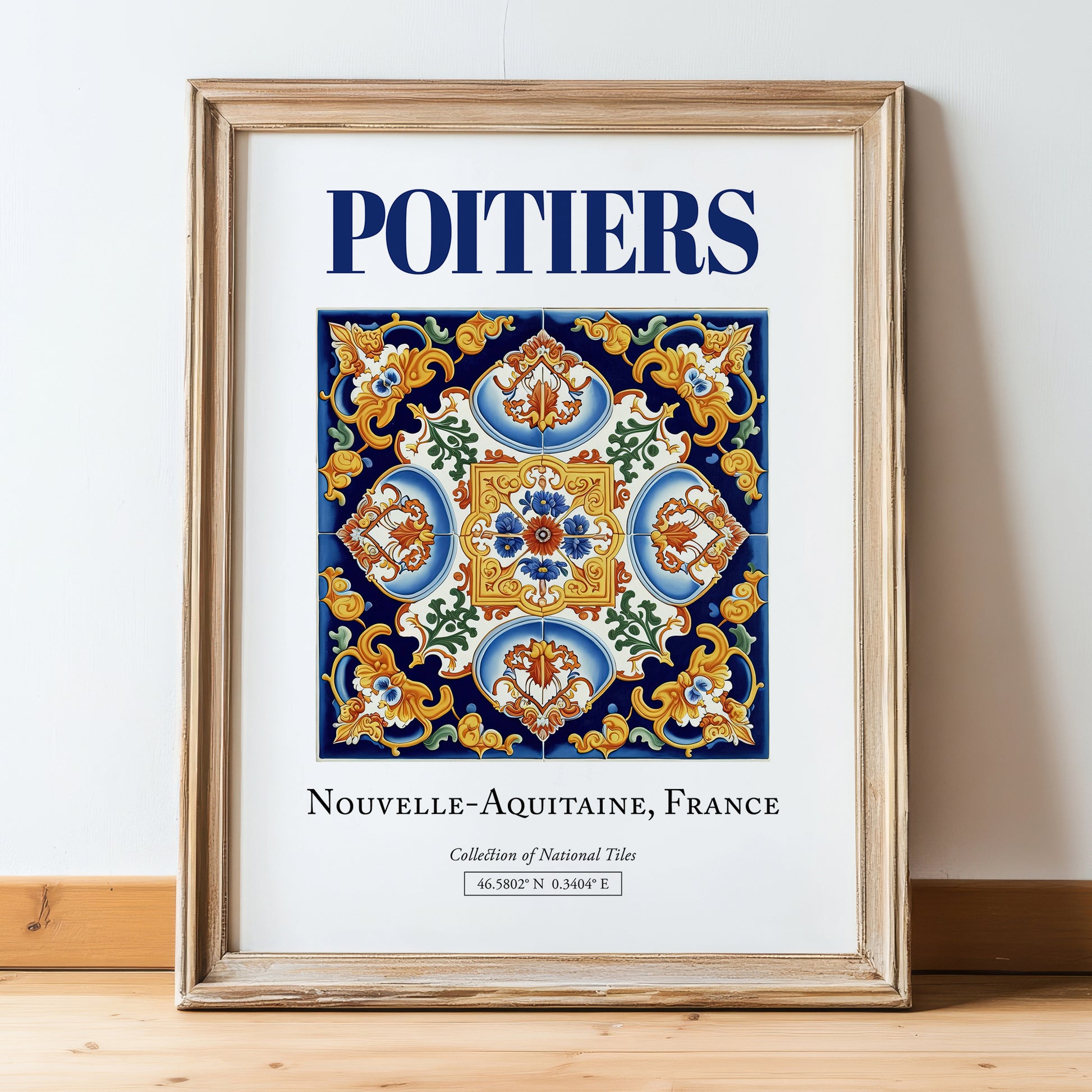 Poitiers, France – Travel Poster, in wooden frame leaning on the floor