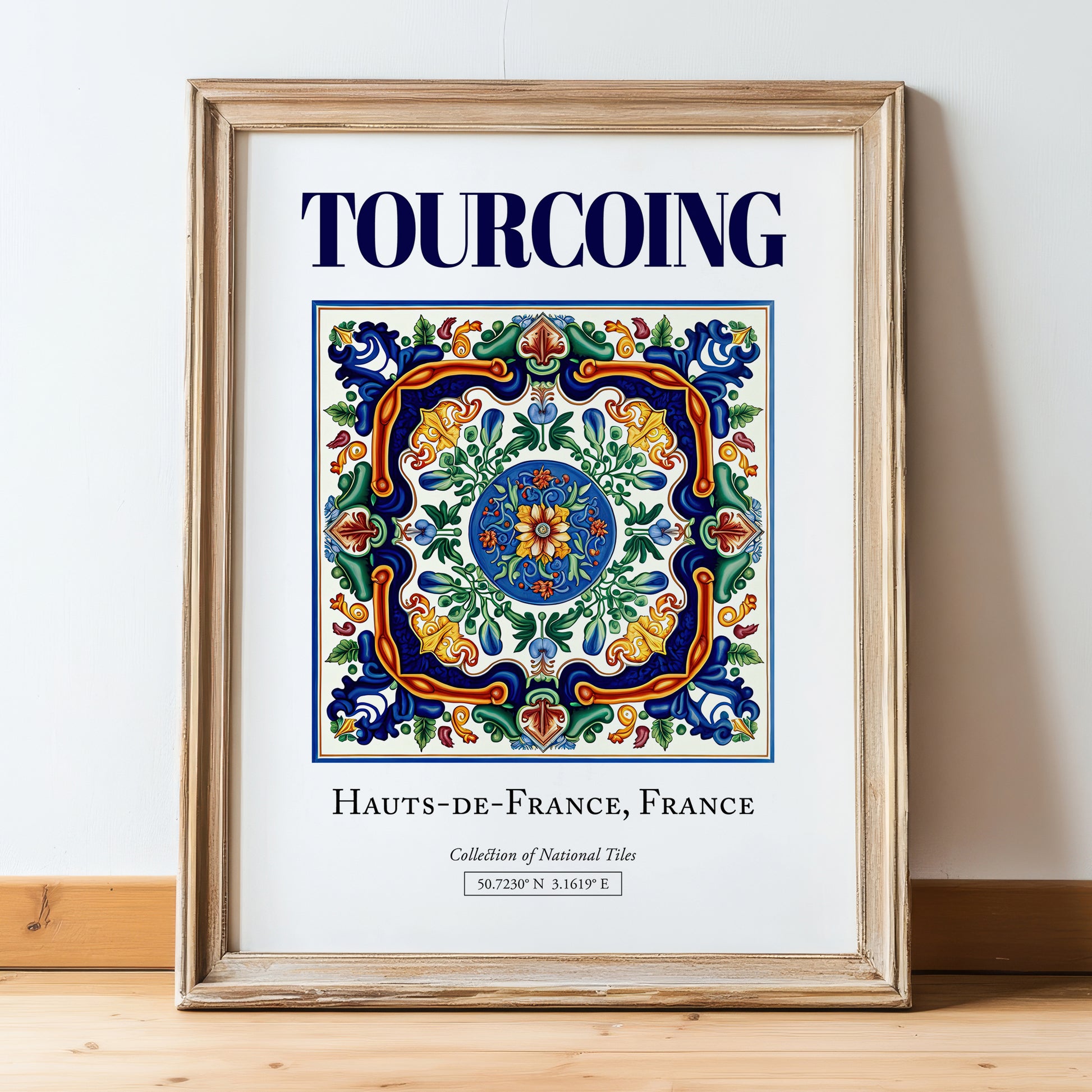 Tourcoing, France – Minimalist Travel Print, in wooden frame leaning on the floor
