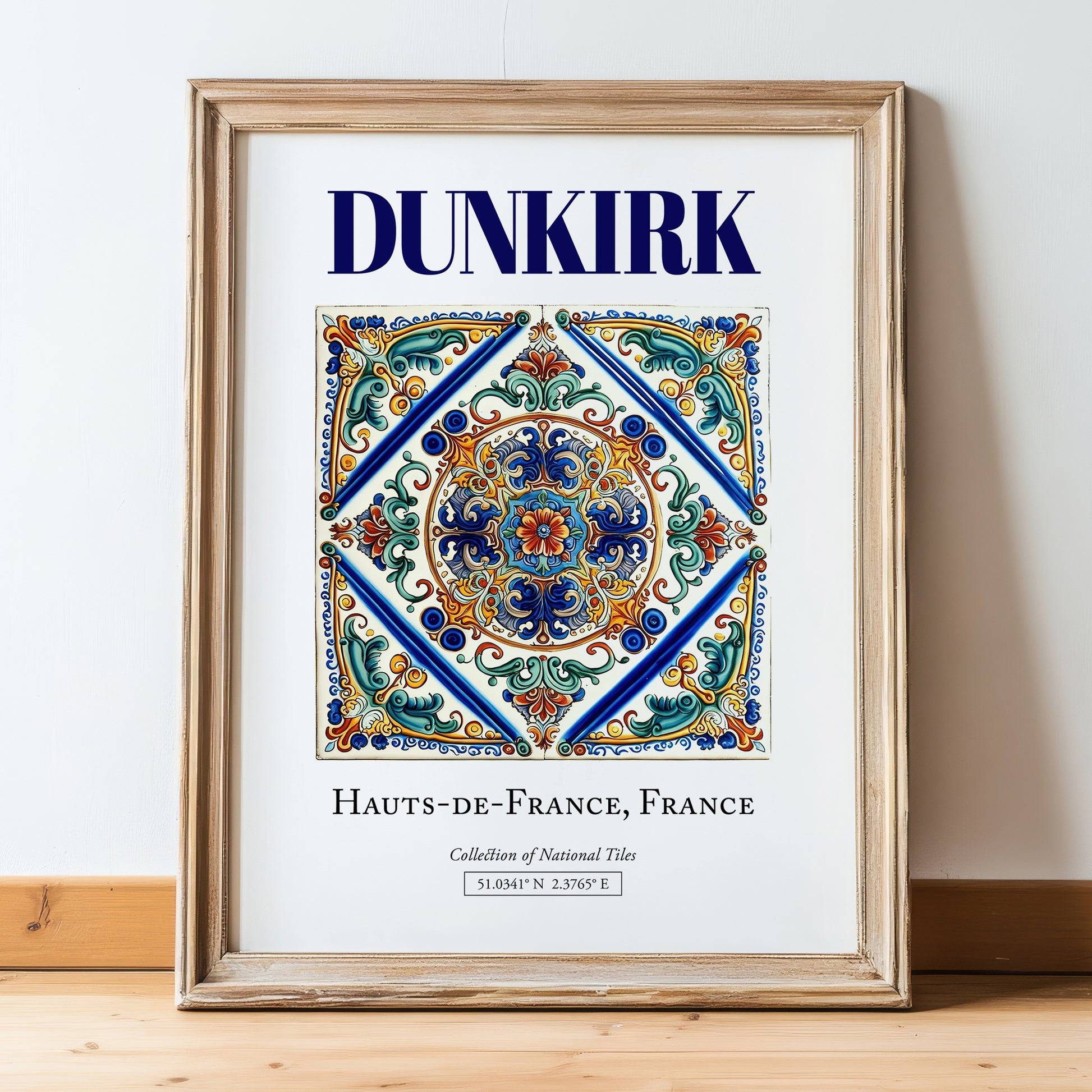 Dunkirk, France – Retro Travel Poster, in wooden frame leaning on the floor