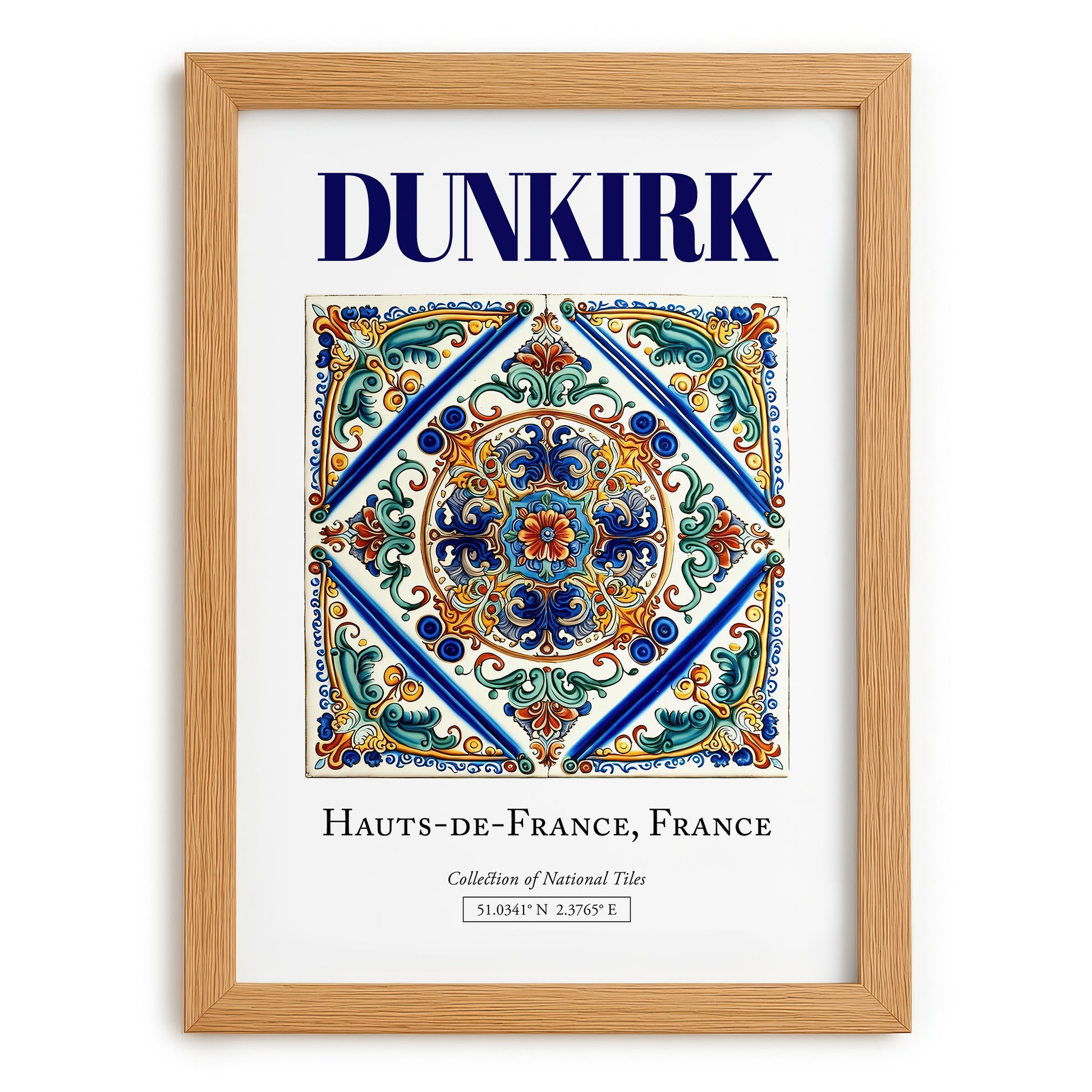 Dunkirk, France – Retro Travel Poster, set in oak frame