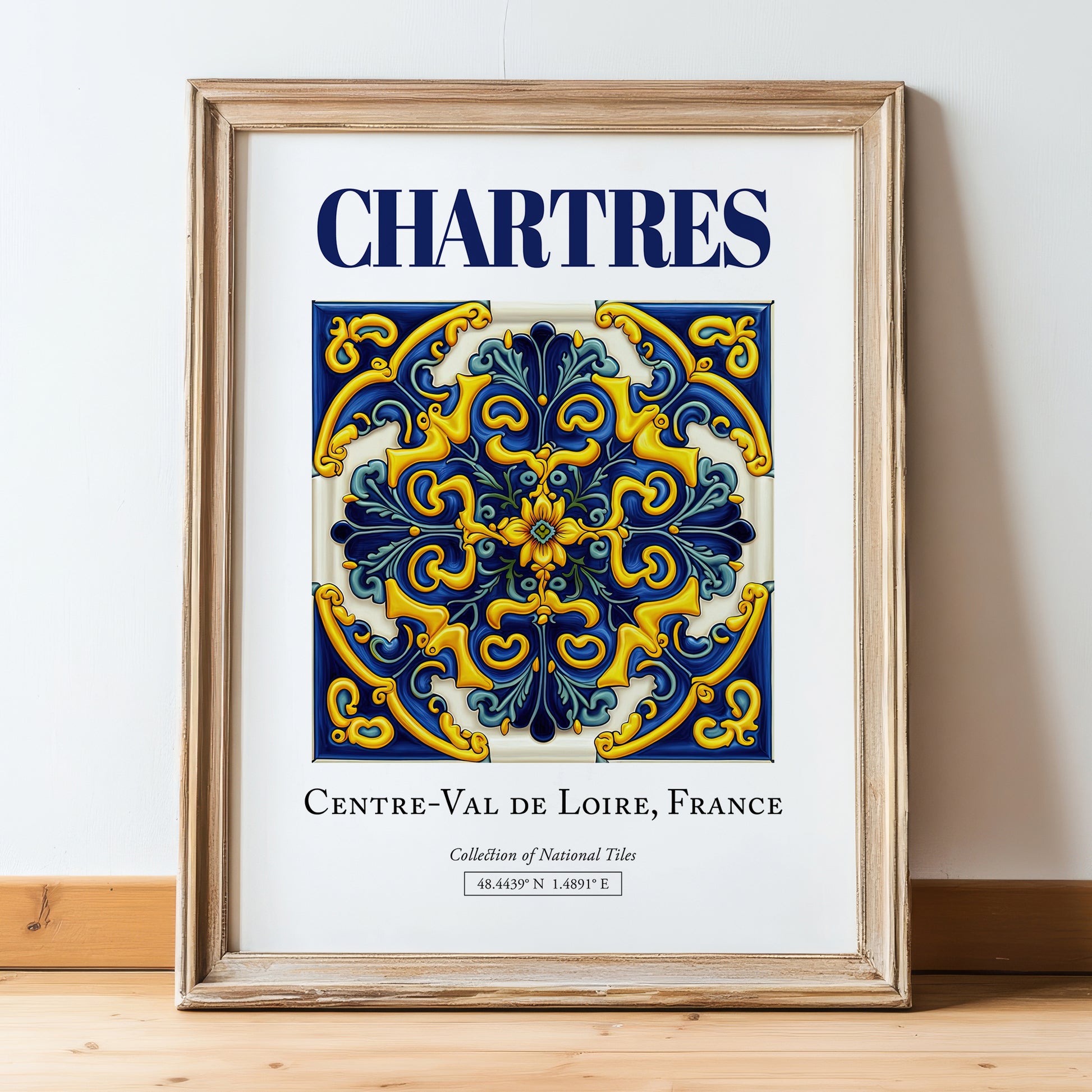 Chartres, France – Travel Poster, in wooden frame leaning on the floor