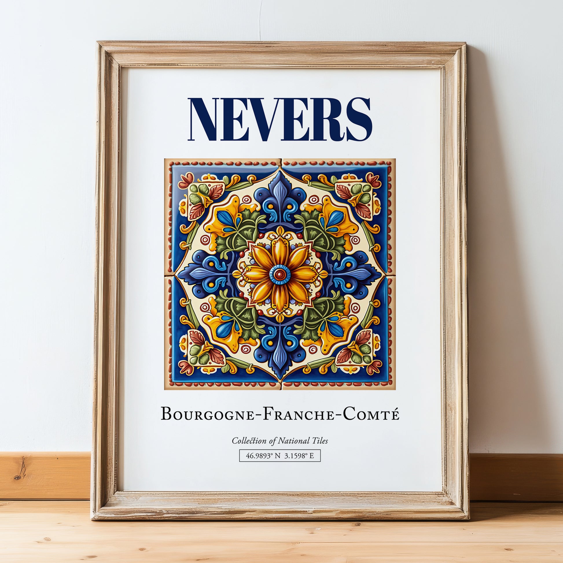 Nevers, France – Away From Home Poster, in wooden frame leaning on the floor