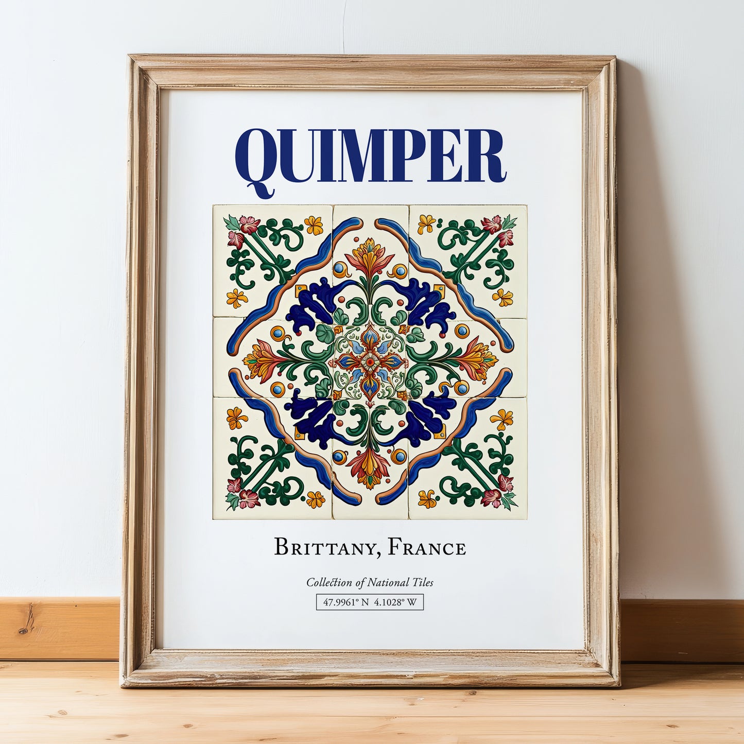 Quimper, France – Retro Travel Poster, in wooden frame leaning on the floor