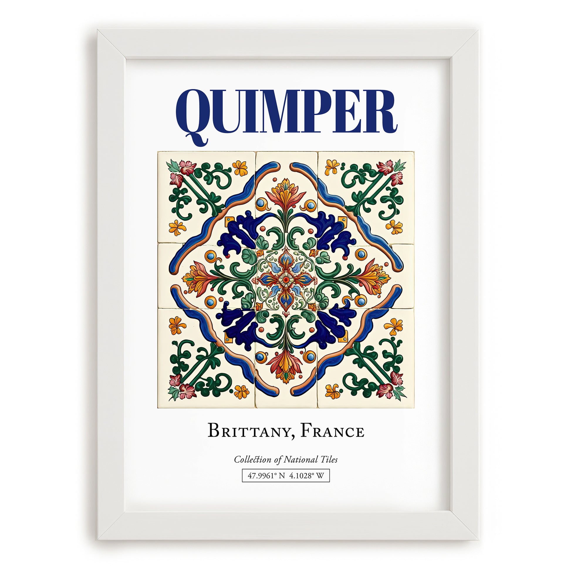 Quimper, France – Retro Travel Poster, placed in minimal white frame