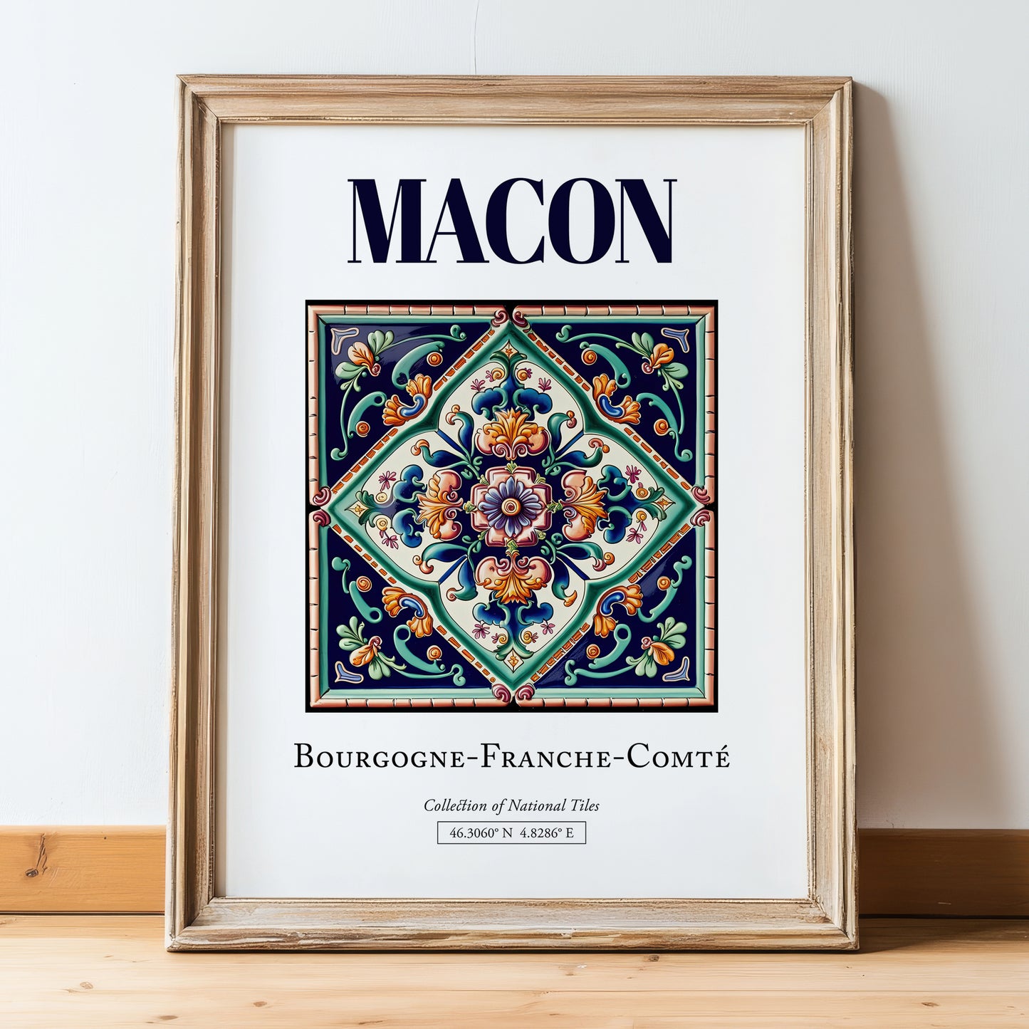 Macon, France – Travel Wall Decor, in wooden frame leaning on the floor