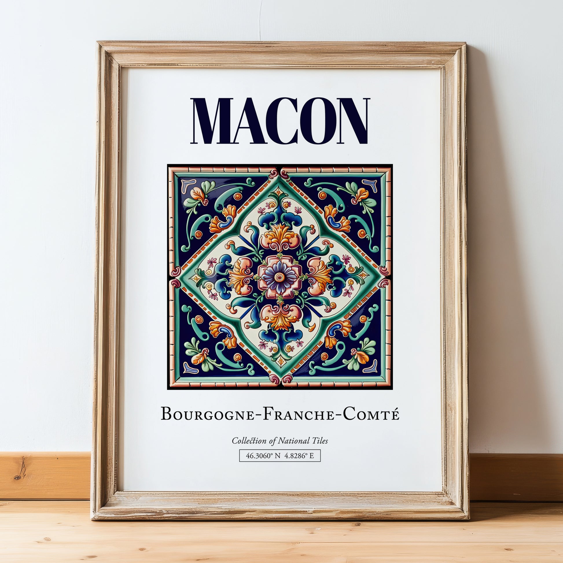 Macon, France – Travel Wall Decor, in wooden frame leaning on the floor