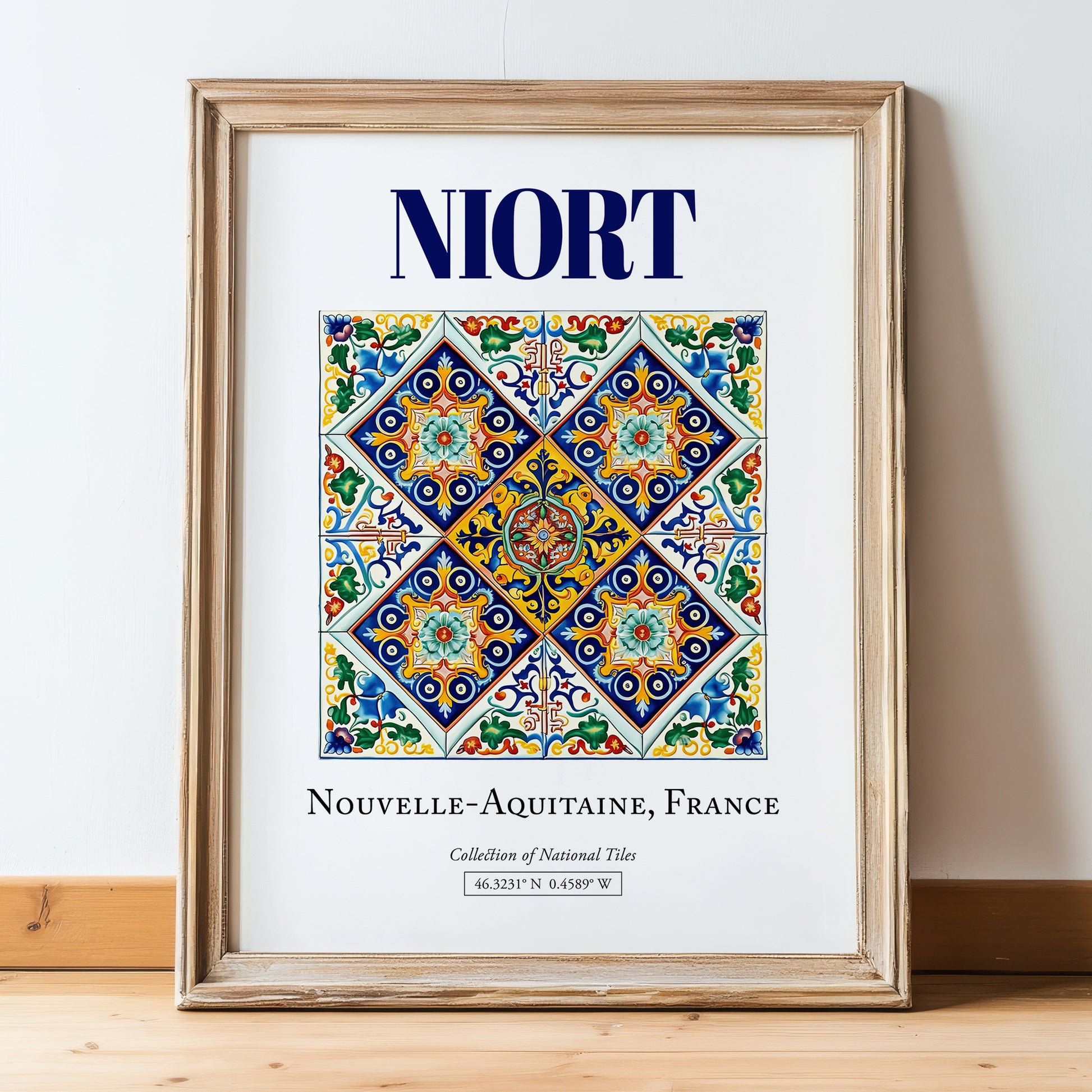 Niort, France – World Travel Art, in wooden frame leaning on the floor