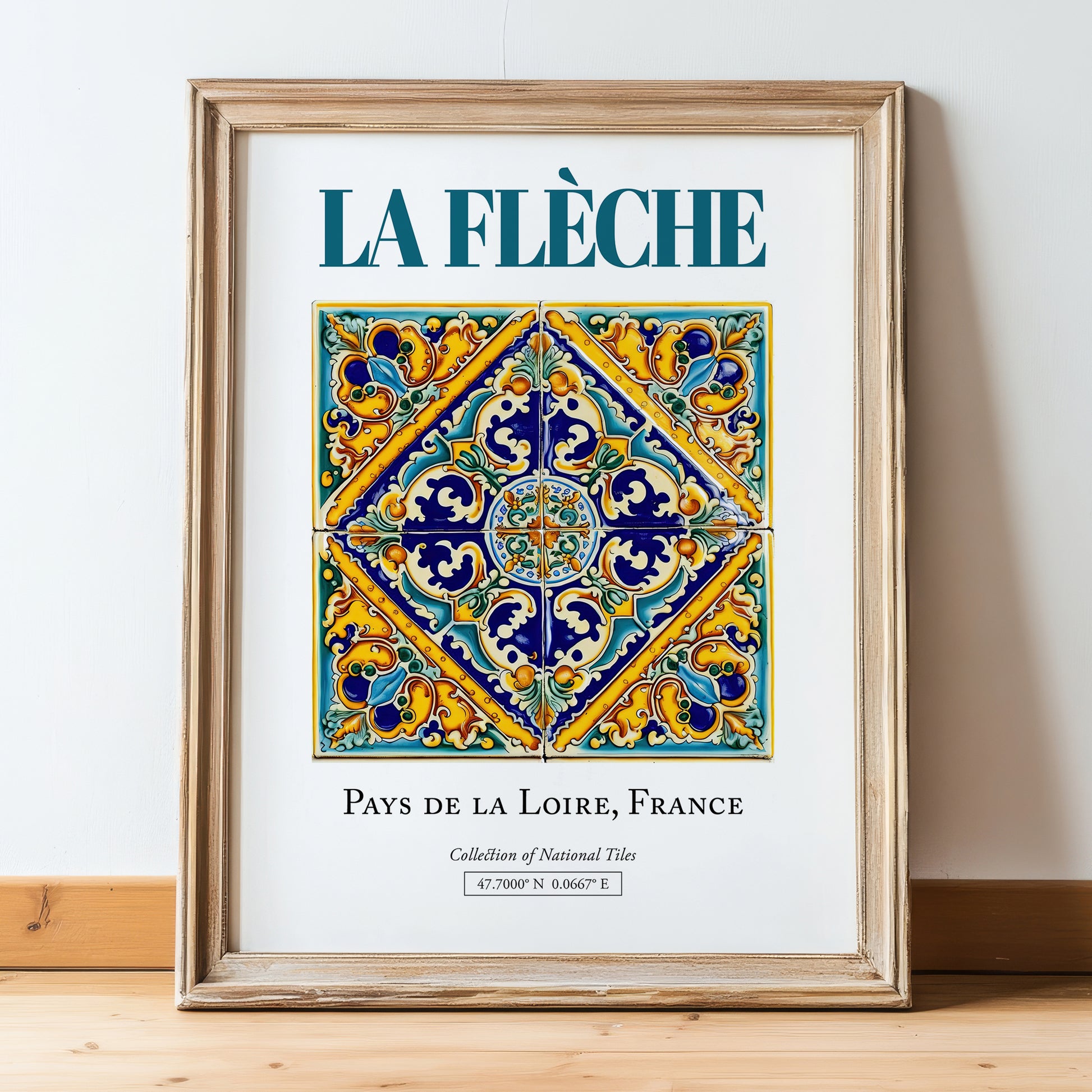 La Flèche, France – Away From Home Poster, in wooden frame leaning on the floor