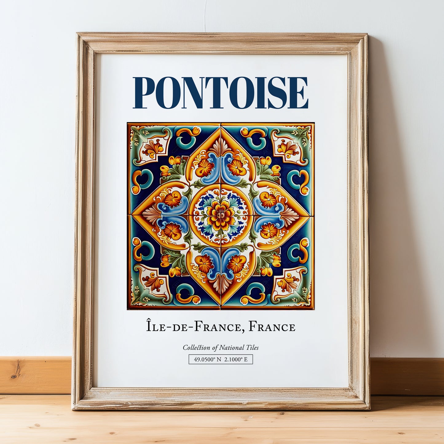 Pontoise, France – Retro Travel Poster, in wooden frame leaning on the floor