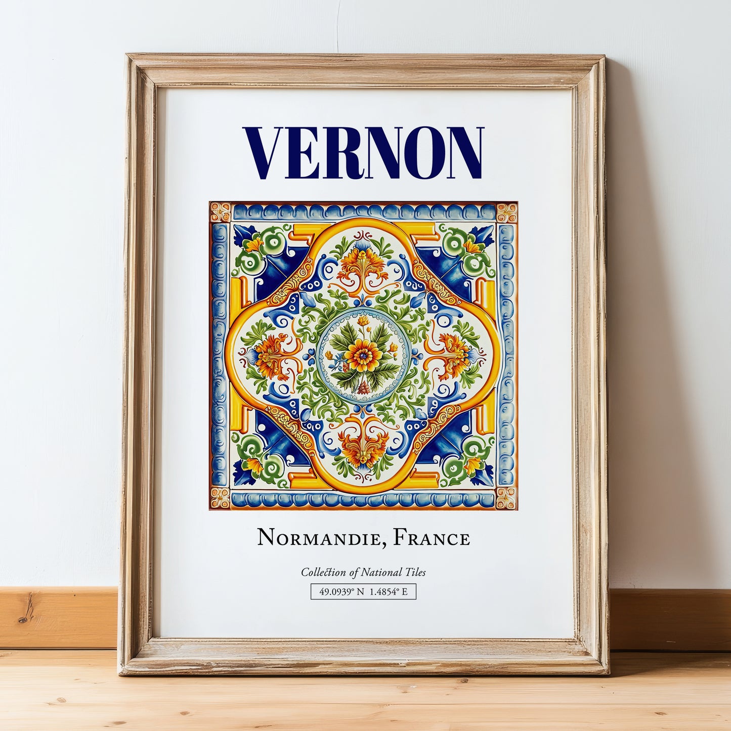 Vernon, France – Travel Print, in wooden frame leaning on the floor