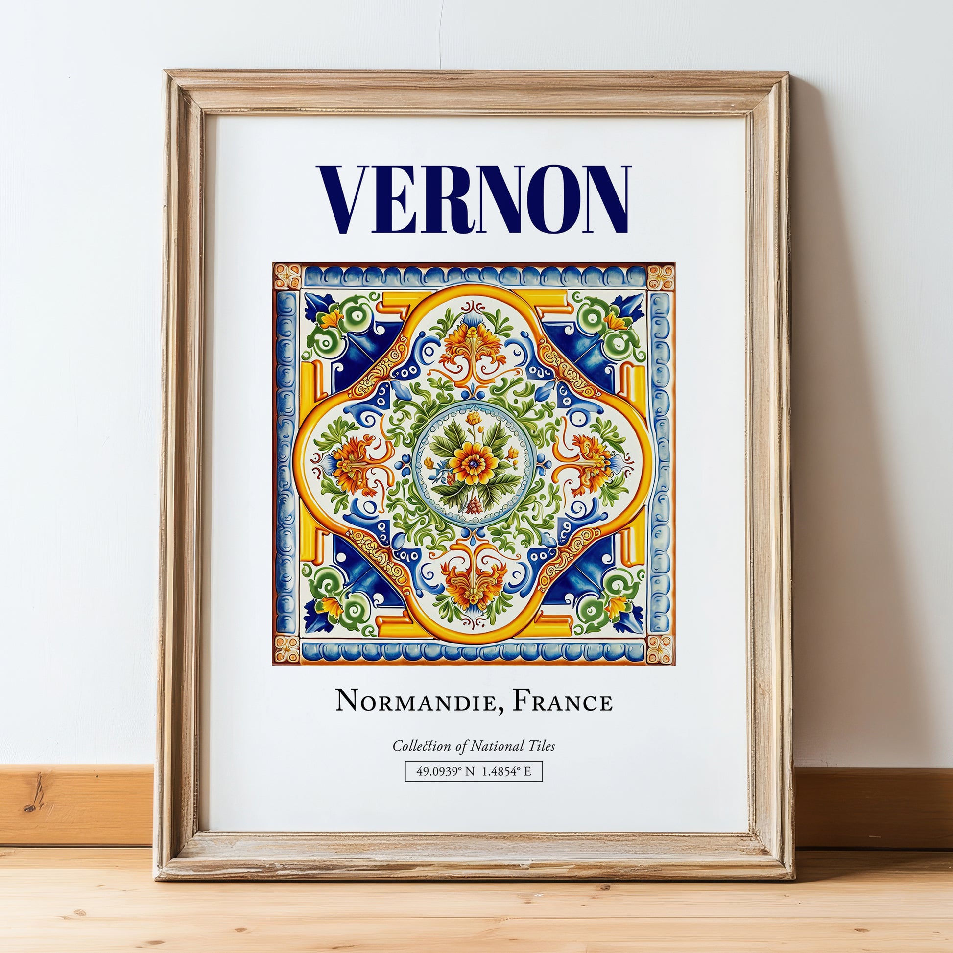 Vernon, France – Travel Print, in wooden frame leaning on the floor