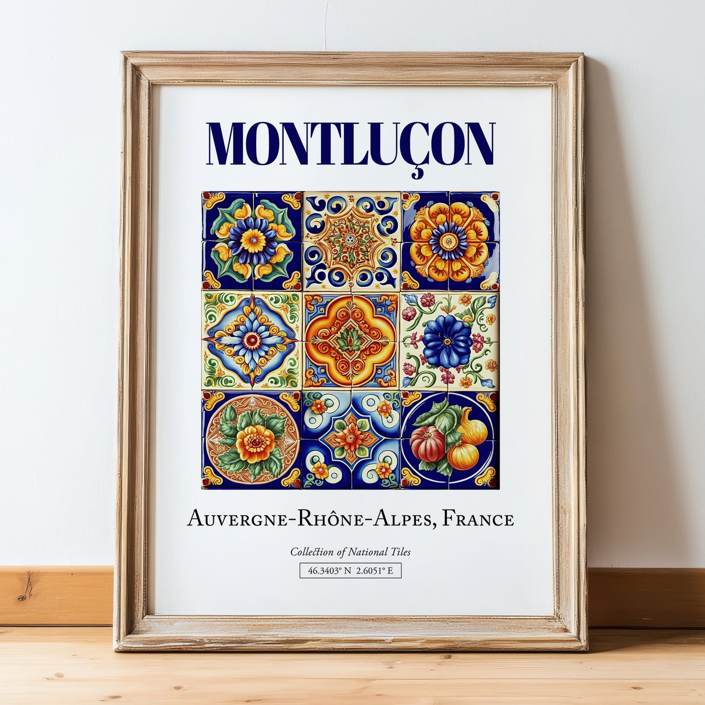 Montluçon, France – Travel Wall Art, in wooden frame leaning on the floor