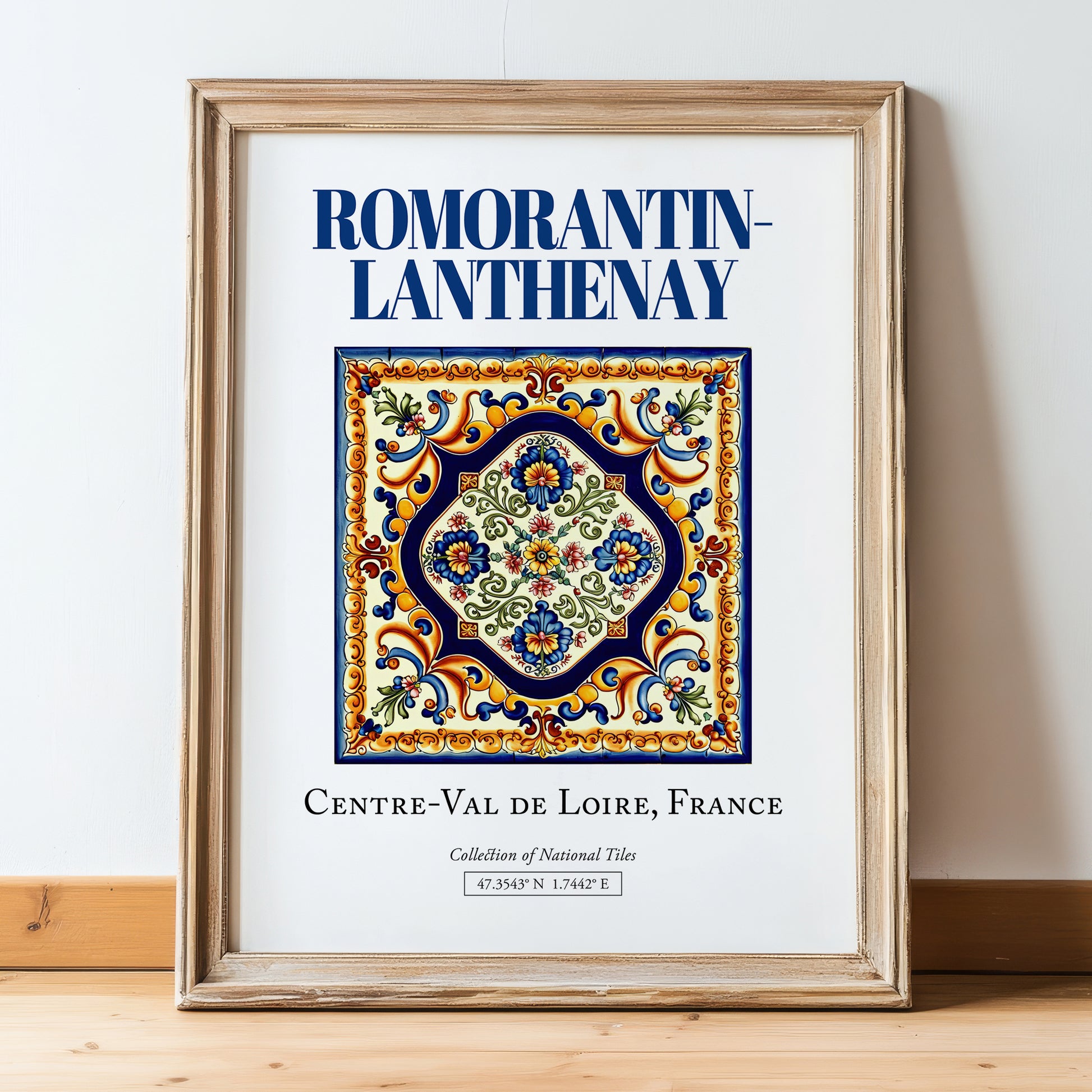 Romorantin-Lanthenay, France – Travel Wall Decor, in wooden frame leaning on the floor