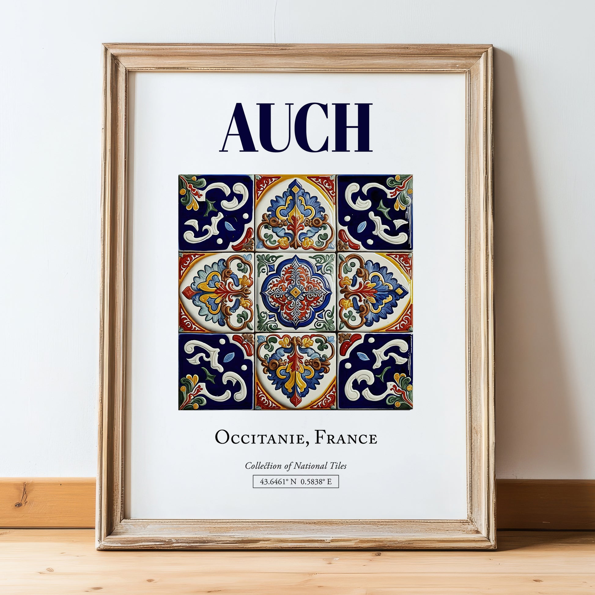Auch, France – Travel Poster, in wooden frame leaning on the floor