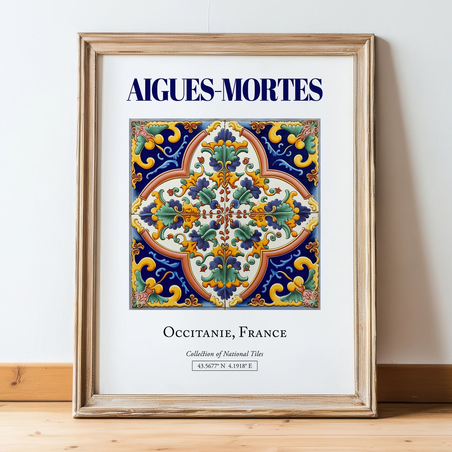 Aigues-Mortes, France – World Heritage Travel Poster, in wooden frame leaning on the floor