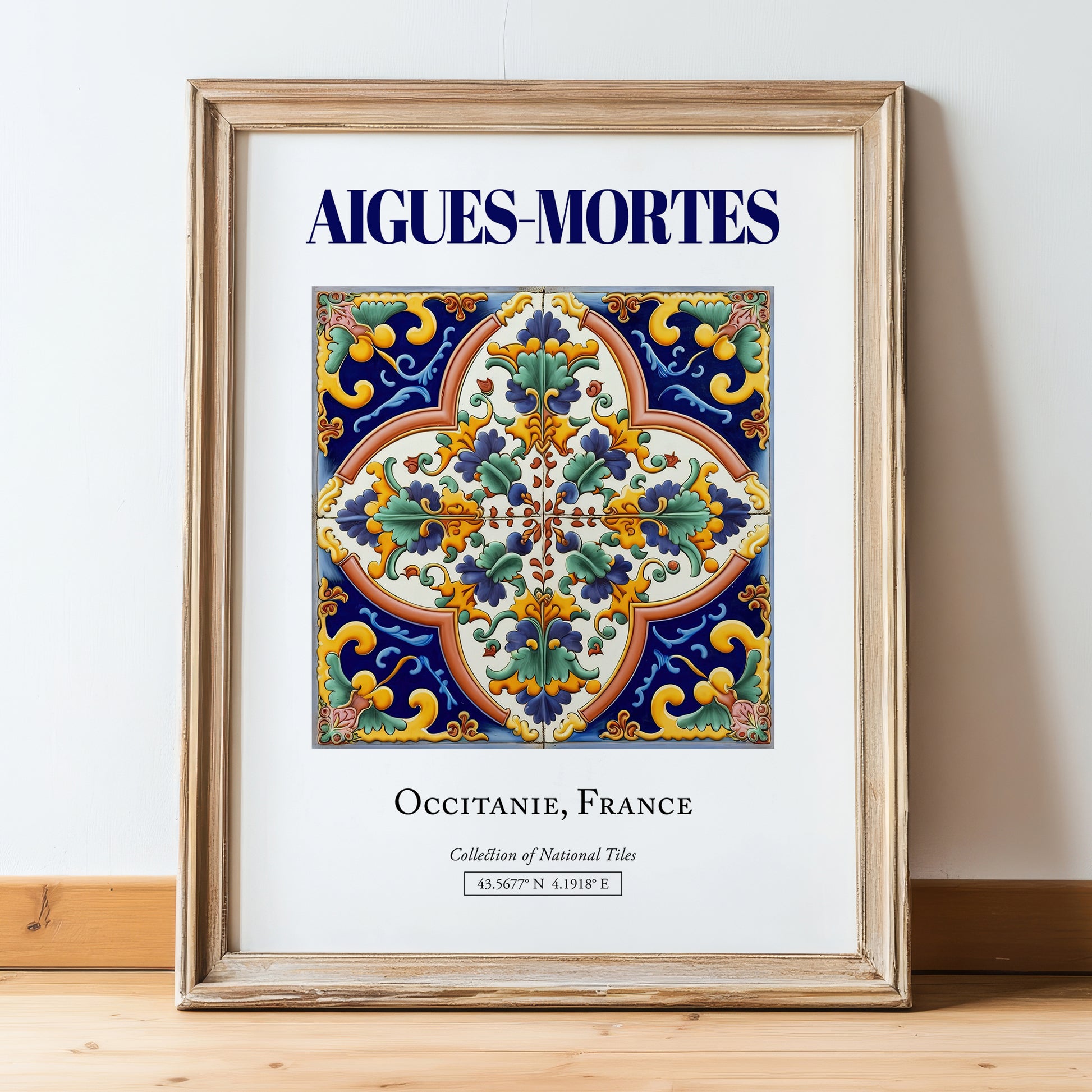 Aigues-Mortes, France – World Heritage Travel Poster, in wooden frame leaning on the floor