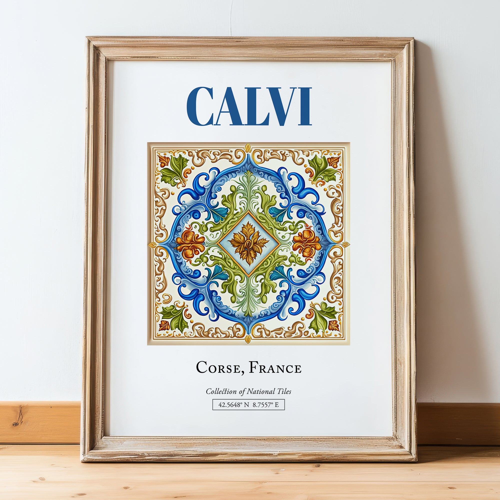 Calvi, France – Travel Poster, in wooden frame leaning on the floor