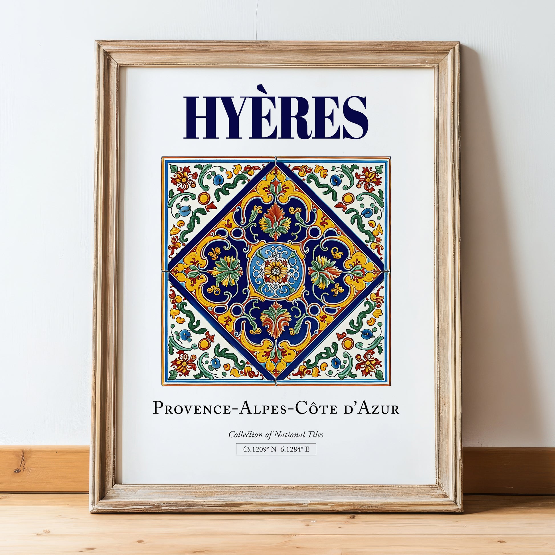 Hyères, France – Country Culture Poster, in wooden frame leaning on the floor