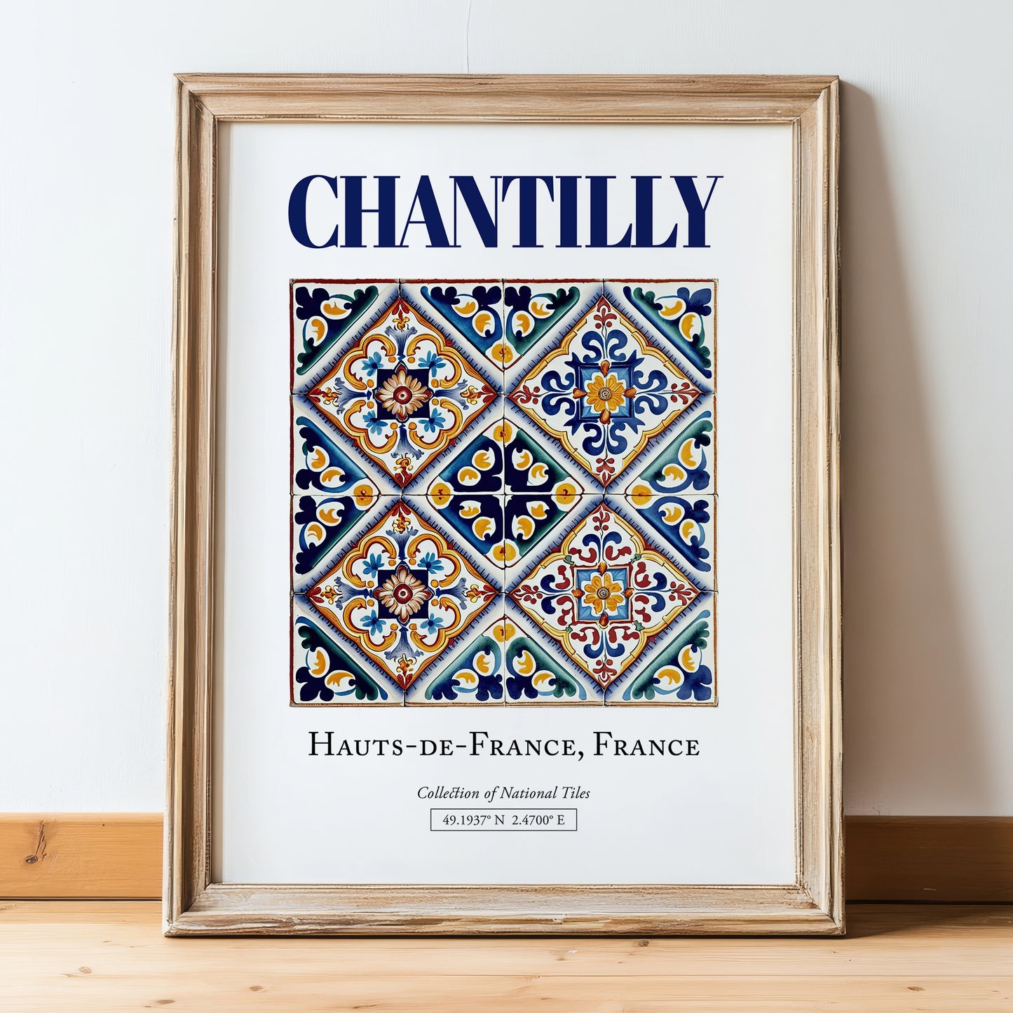 Chantilly, France – Travel Wall Art, in wooden frame leaning on the floor