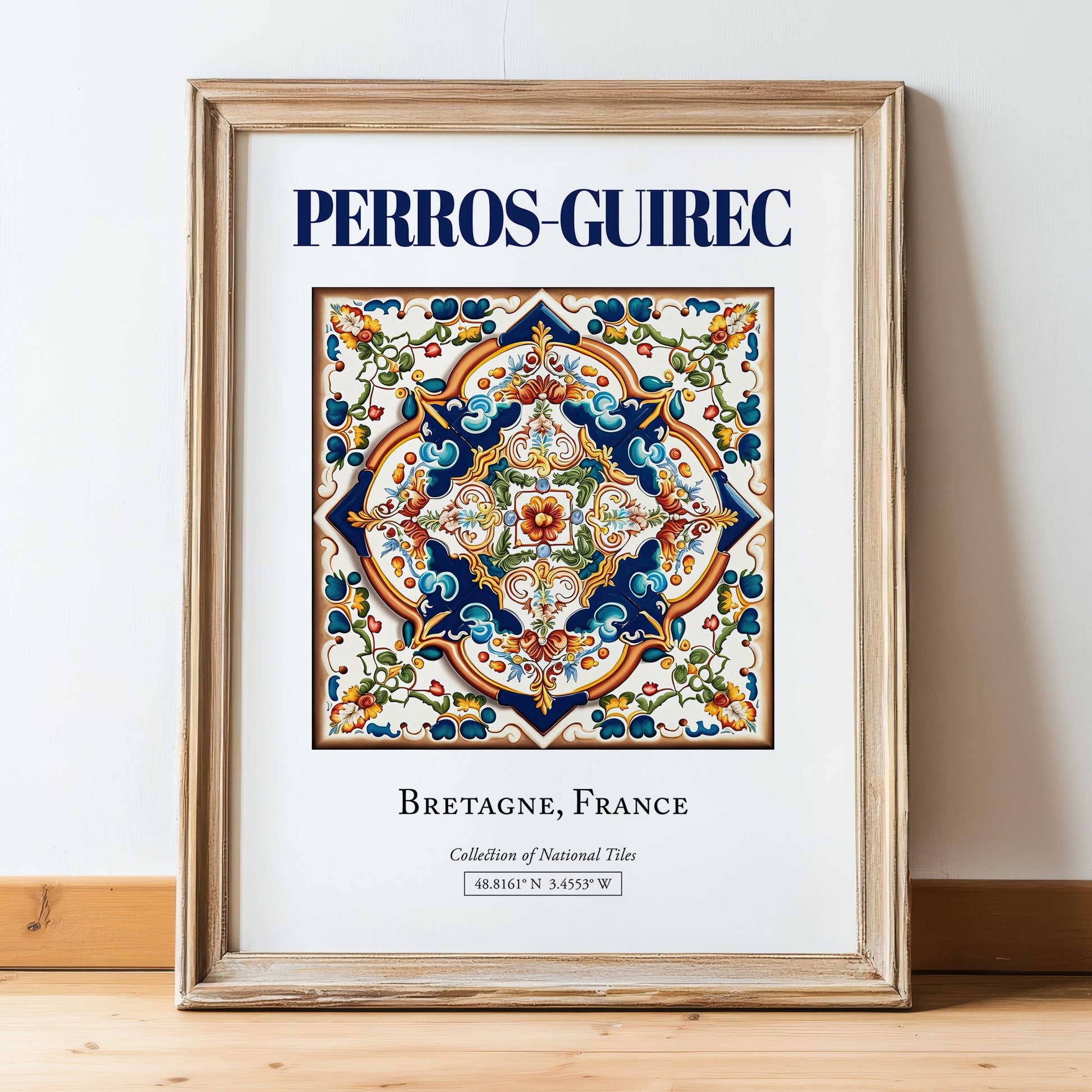 Perros-Guirec, France – Travel Poster, in wooden frame leaning on the floor
