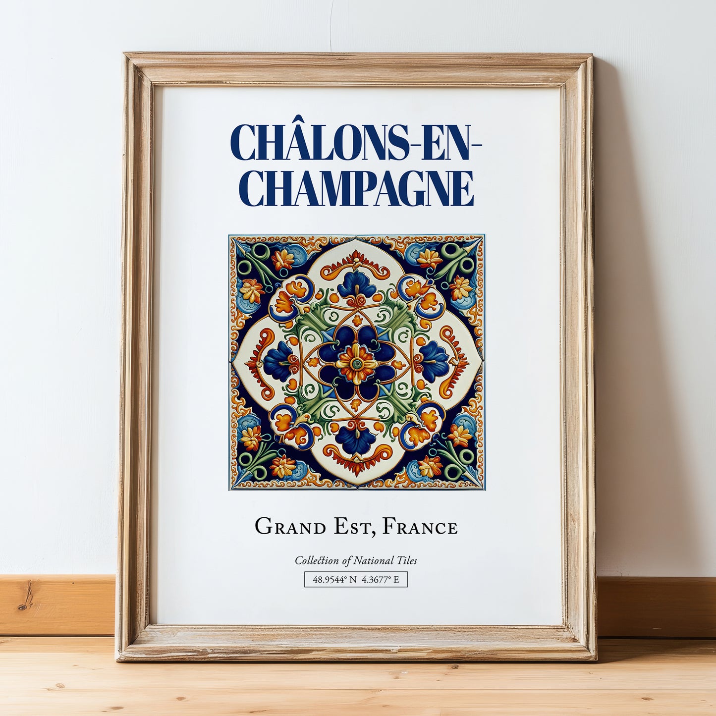 Châlons-en-Champagne, France – Travel Wall Art, in wooden frame leaning on the floor