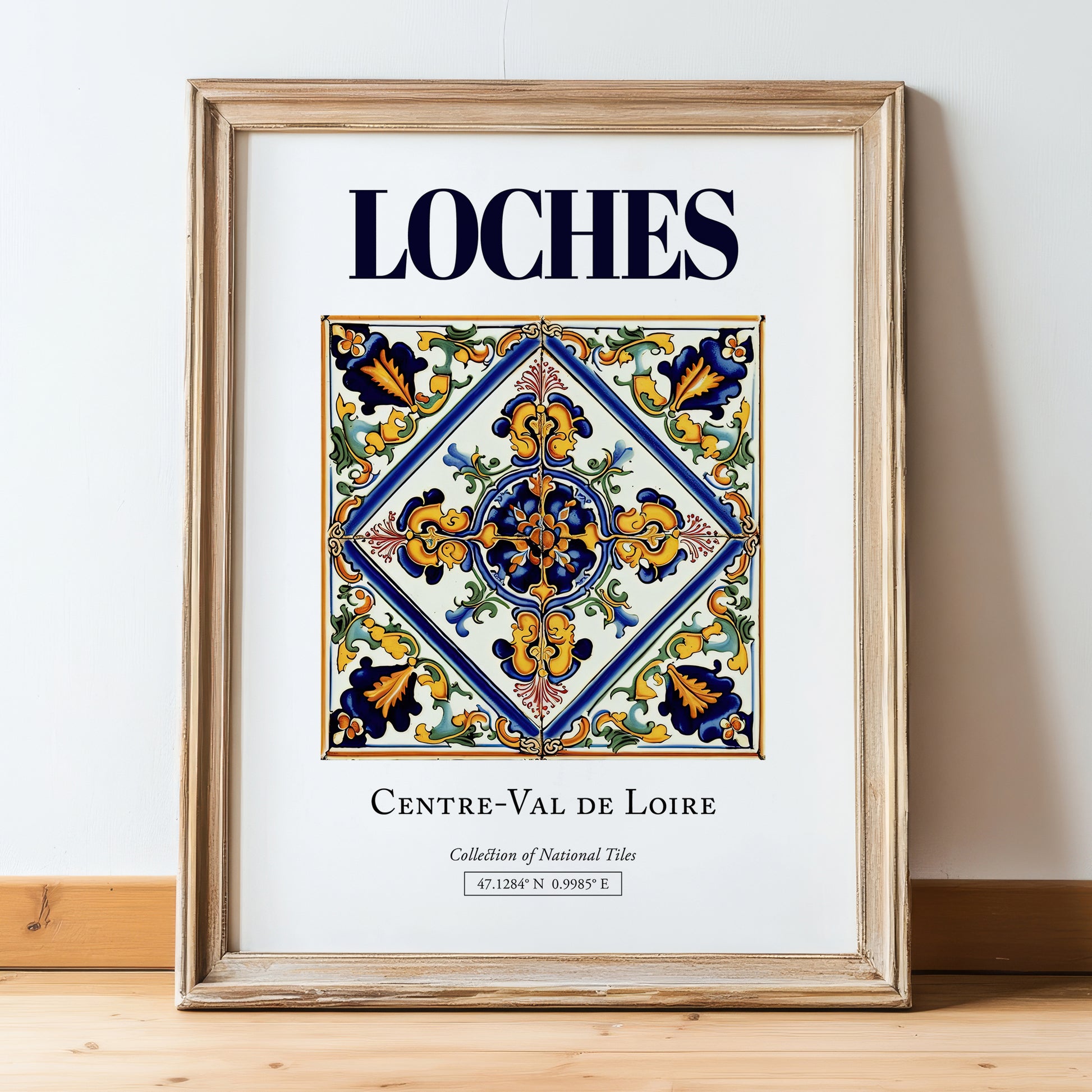 Loches, France – Travel Poster, in wooden frame leaning on the floor