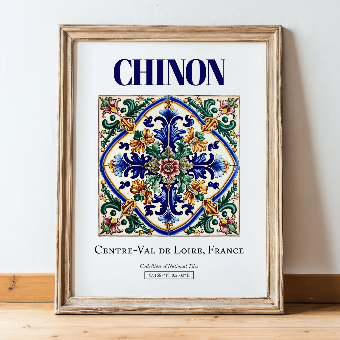 Chinon, France – Travel Poster, in wooden frame leaning on the floor