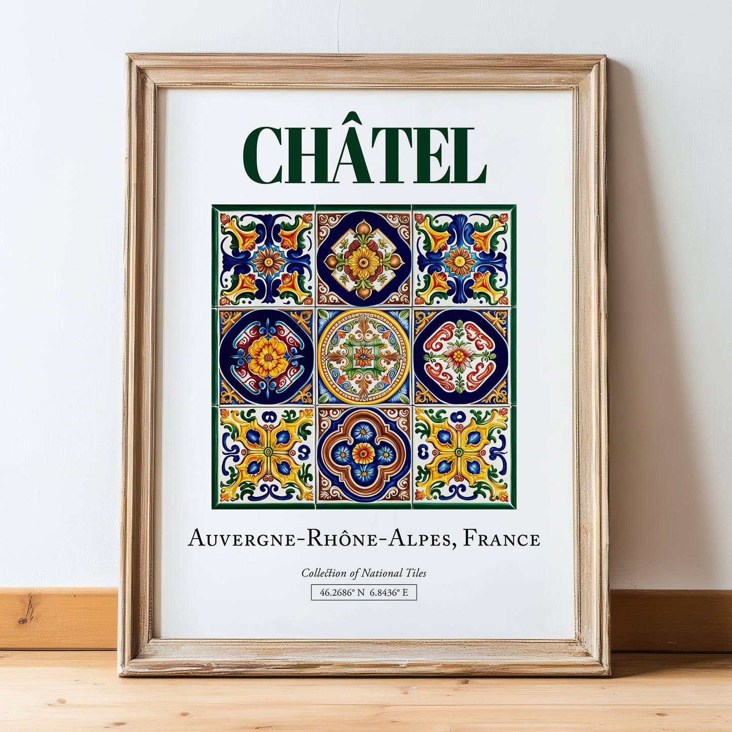 Châtel, France – Illustrated Travel Poster, in wooden frame leaning on the floor
