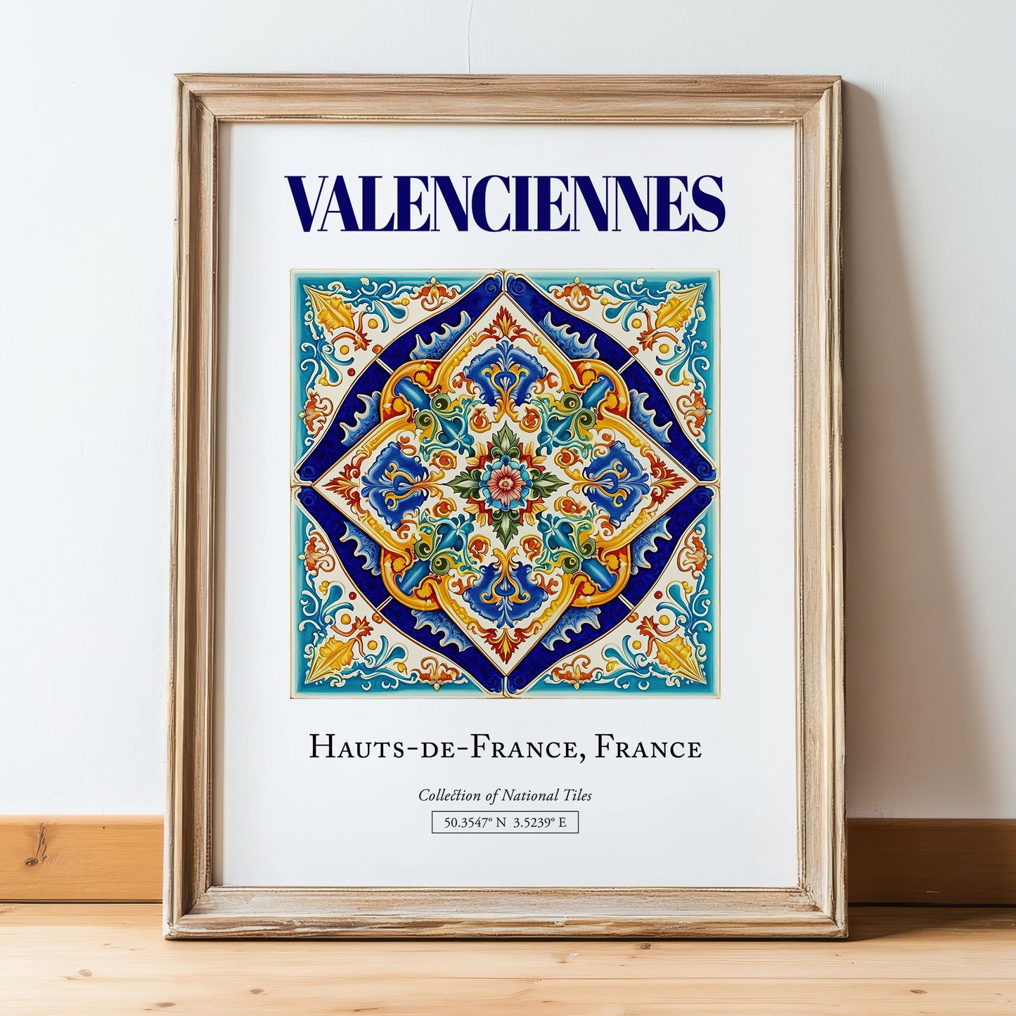 Valenciennes, France – World Heritage Travel Poster, in wooden frame leaning on the floor