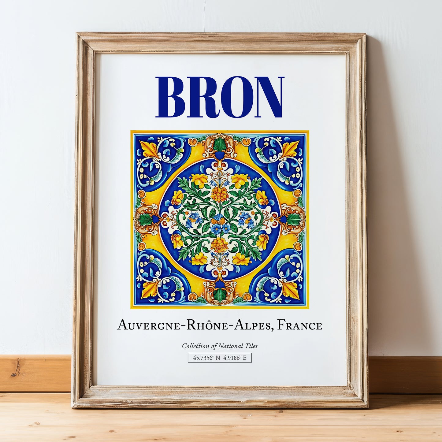 Bron, France – Travel Print, in wooden frame leaning on the floor