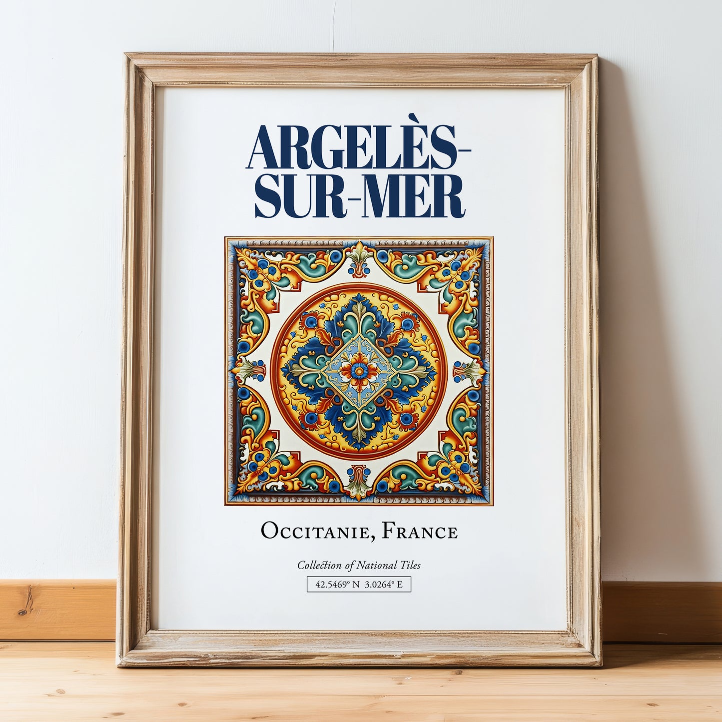 Argelès-sur-Mer, France – Travel Wall Art, in wooden frame leaning on the floor