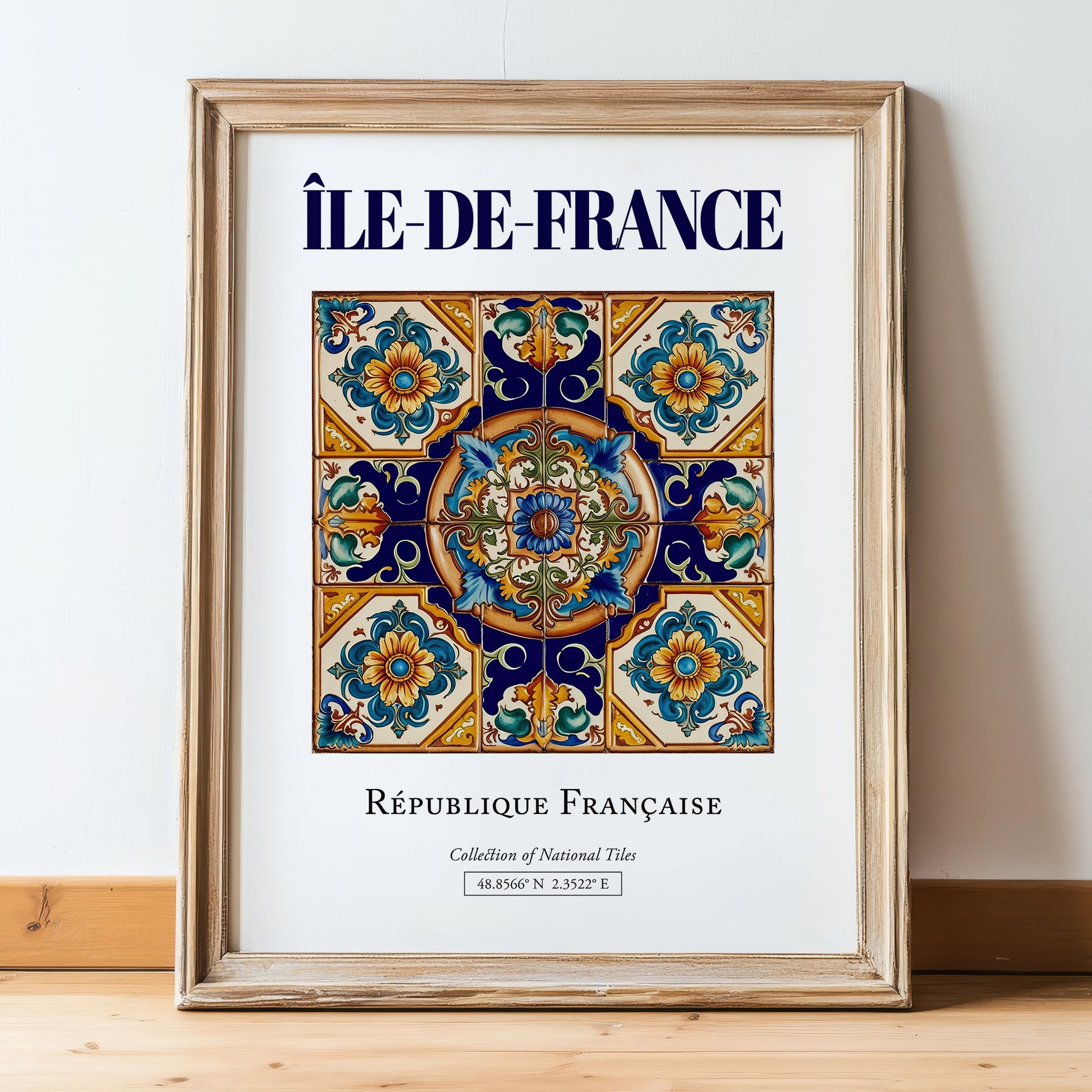 Île-de-France, France – World Heritage Travel Poster, in wooden frame leaning on the floor