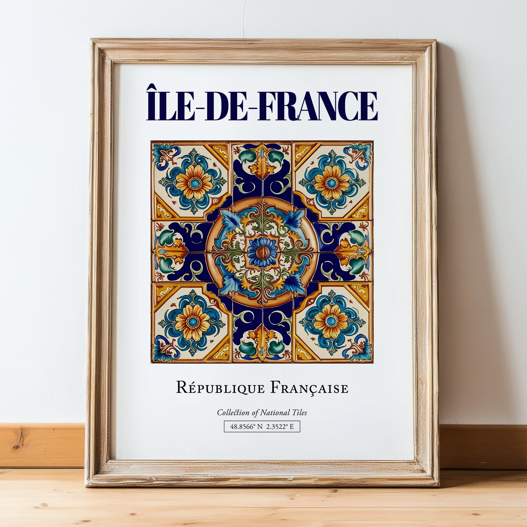 Île-de-France, France – World Heritage Travel Poster, in wooden frame leaning on the floor