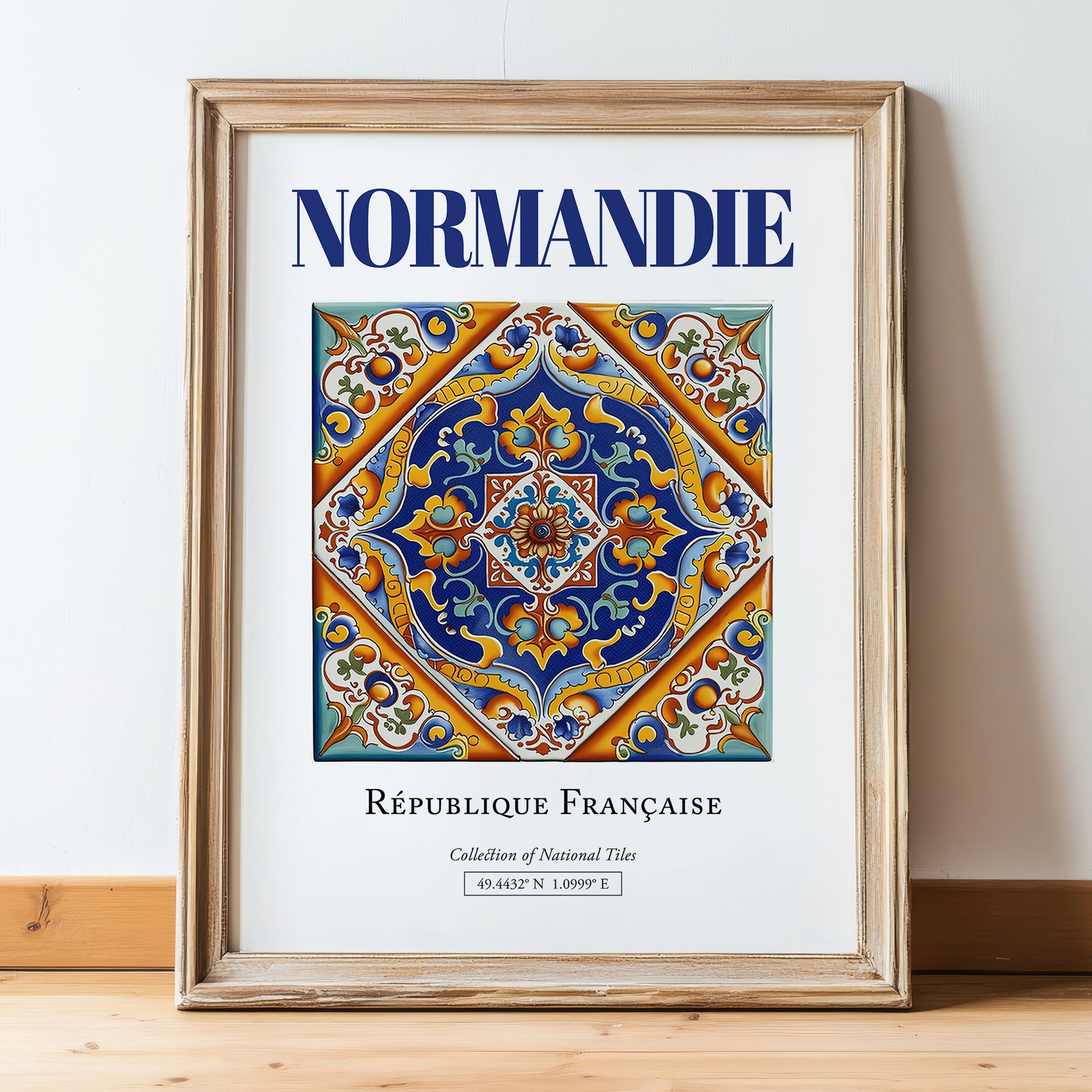 Normandie, France – Travel Print, in wooden frame leaning on the floor