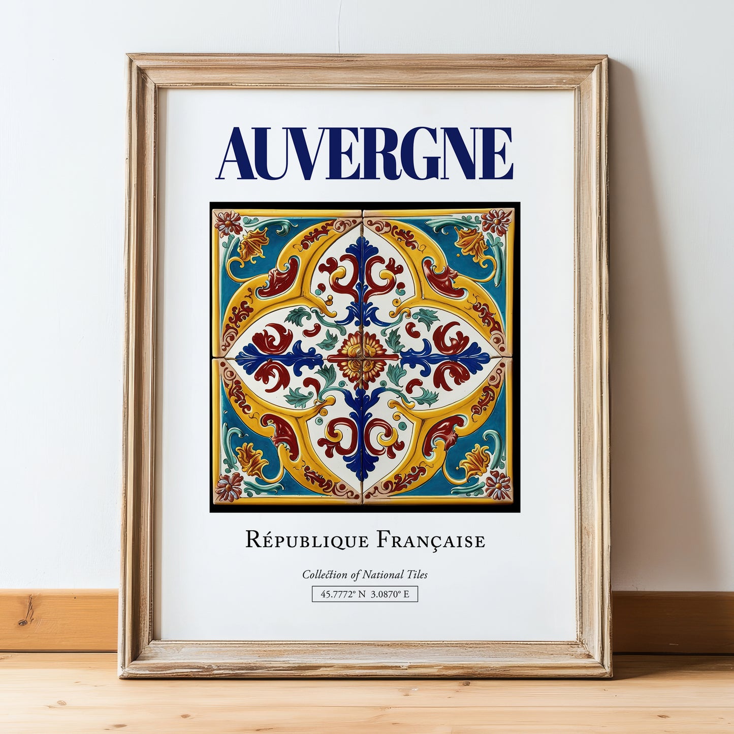 Auvergne, France – Travel Poster, in wooden frame leaning on the floor