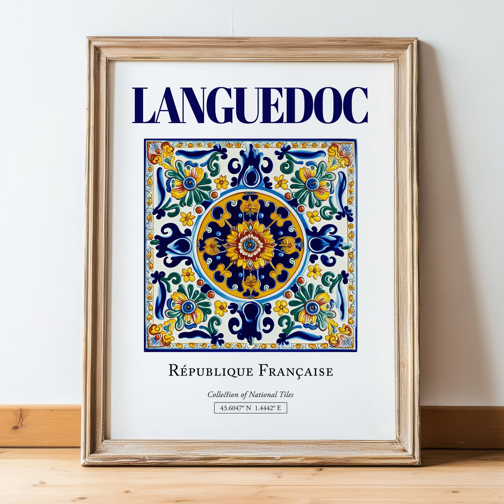 Languedoc, France – Travel Poster, in wooden frame leaning on the floor
