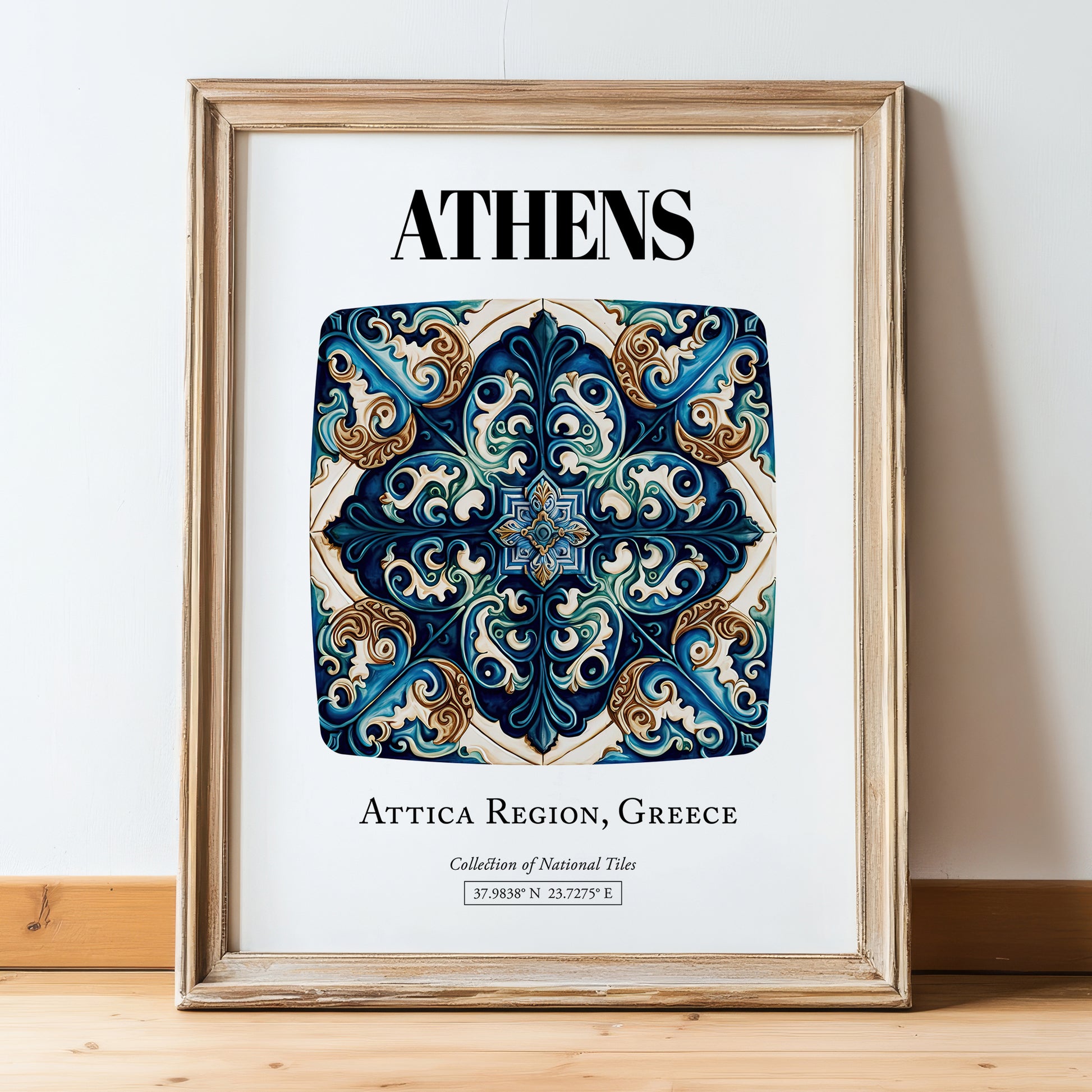 Athens, Greece – Wanderlust-Inspired Poster, in wooden frame leaning on the floor