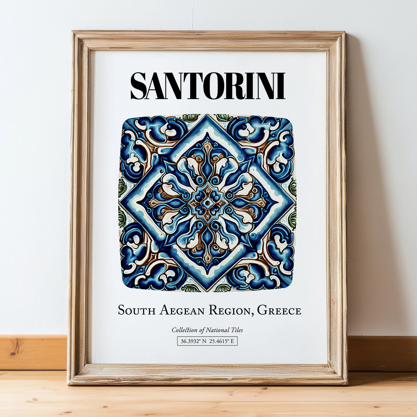 Santorini, Greece – Travel Poster, in wooden frame leaning on the floor