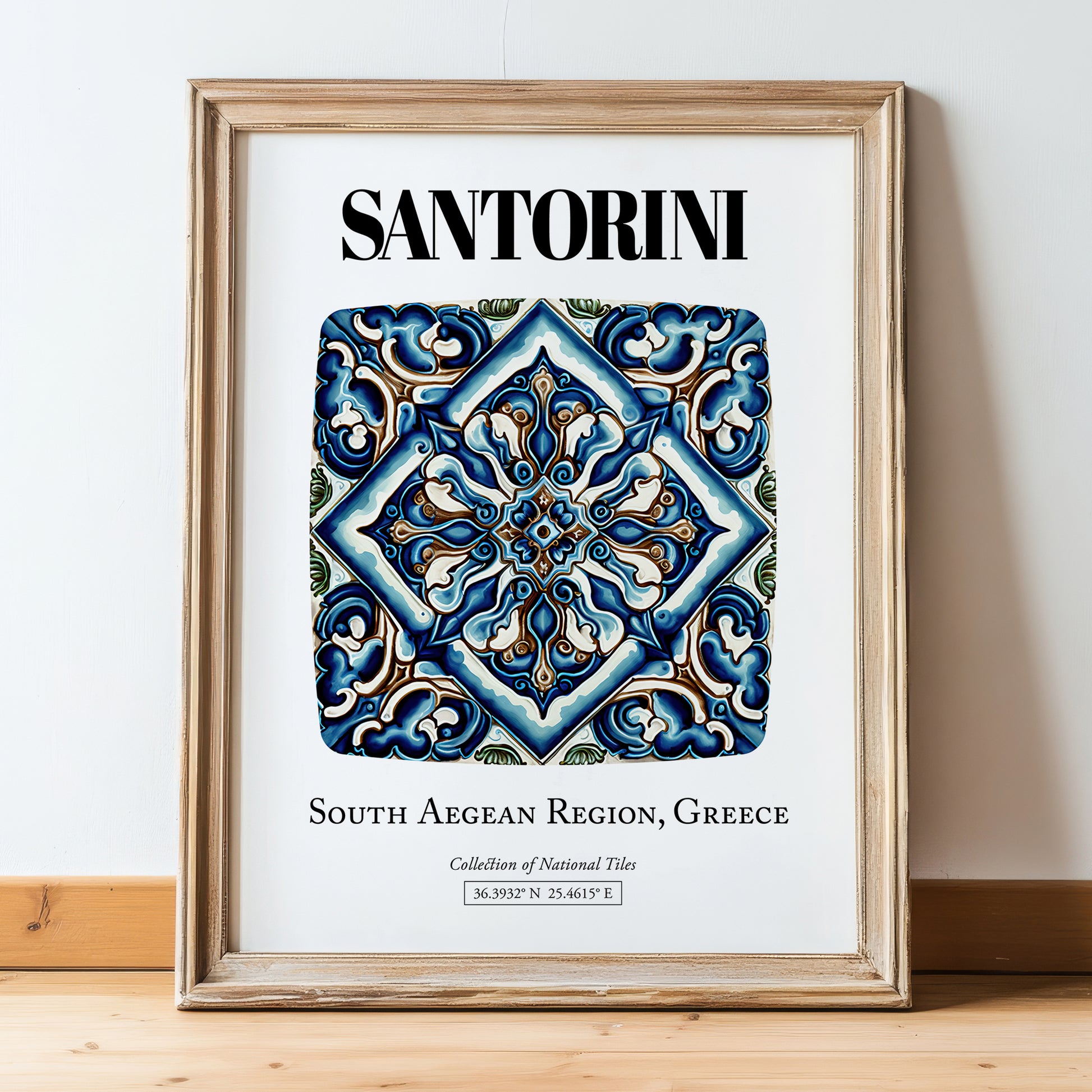 Santorini, Greece – Travel Poster, in wooden frame leaning on the floor