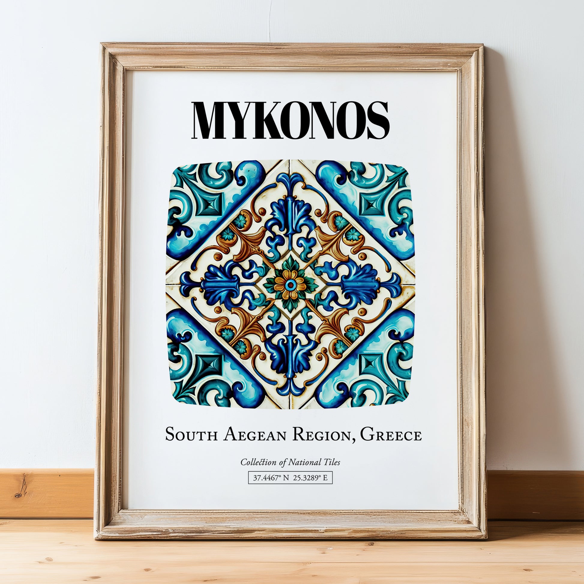 Mykonos, Greece – Travel Wall Decor, in wooden frame leaning on the floor