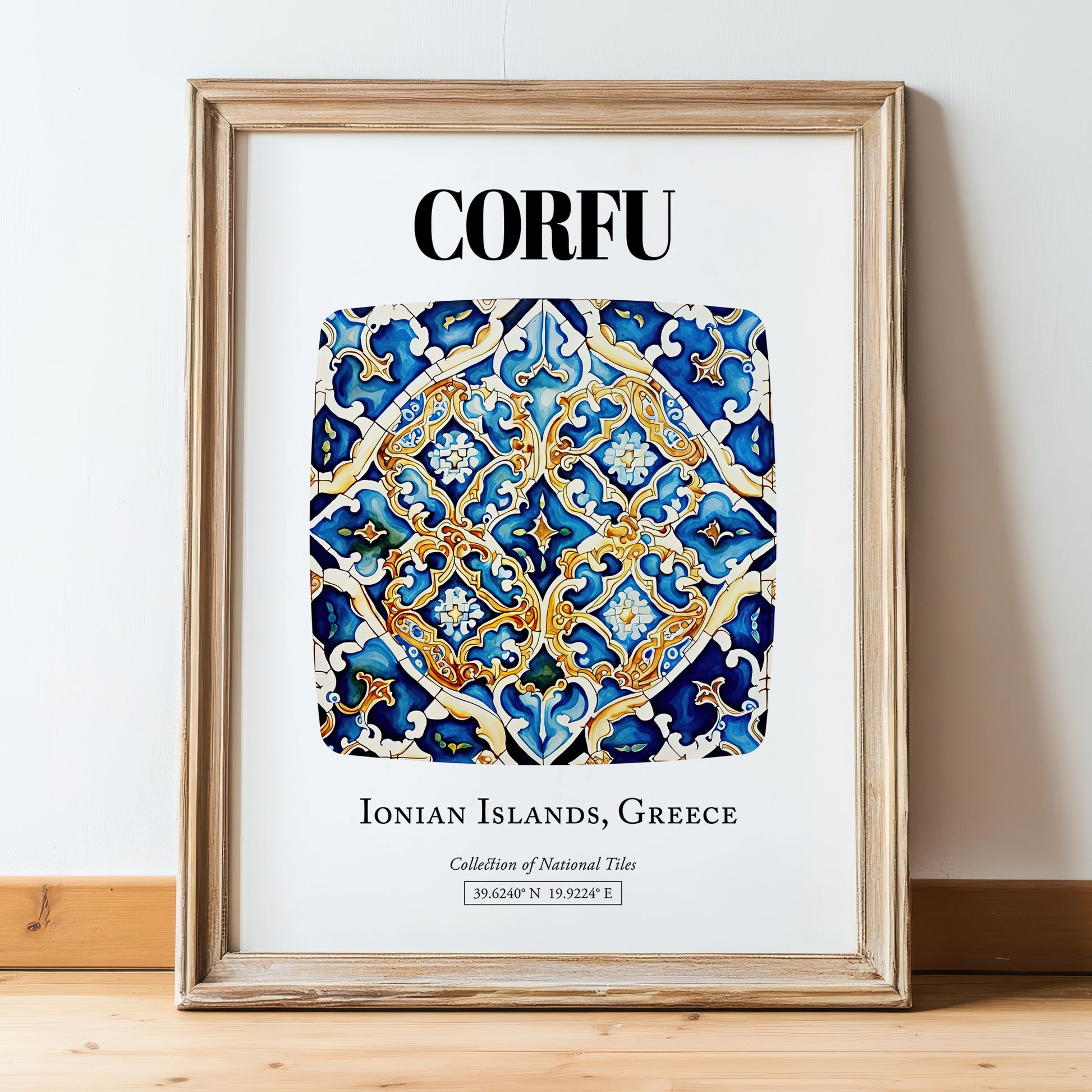 Corfu, Greece – Travel Print, in wooden frame leaning on the floor
