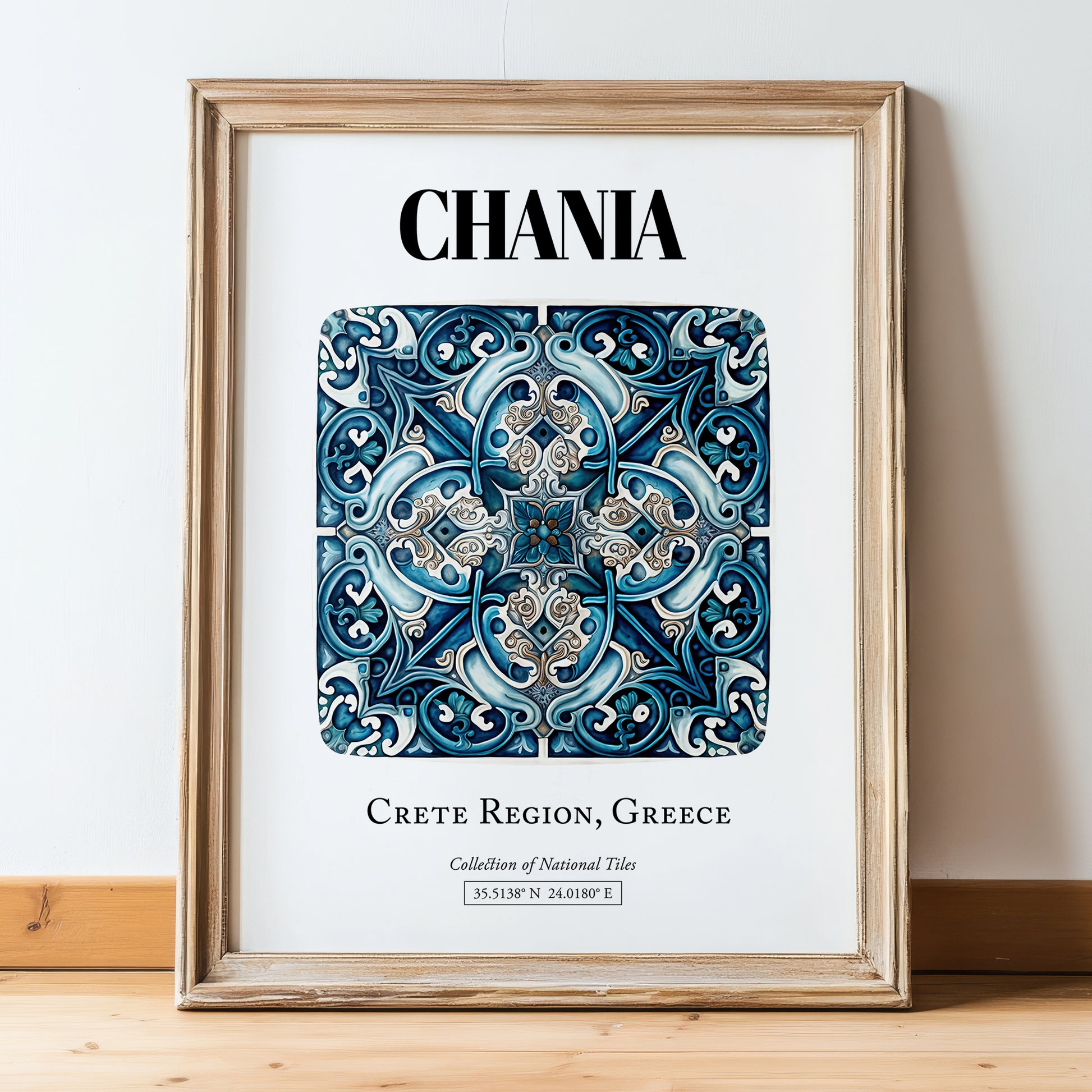 Chania, Greece – Travel Wall Art, in wooden frame leaning on the floor