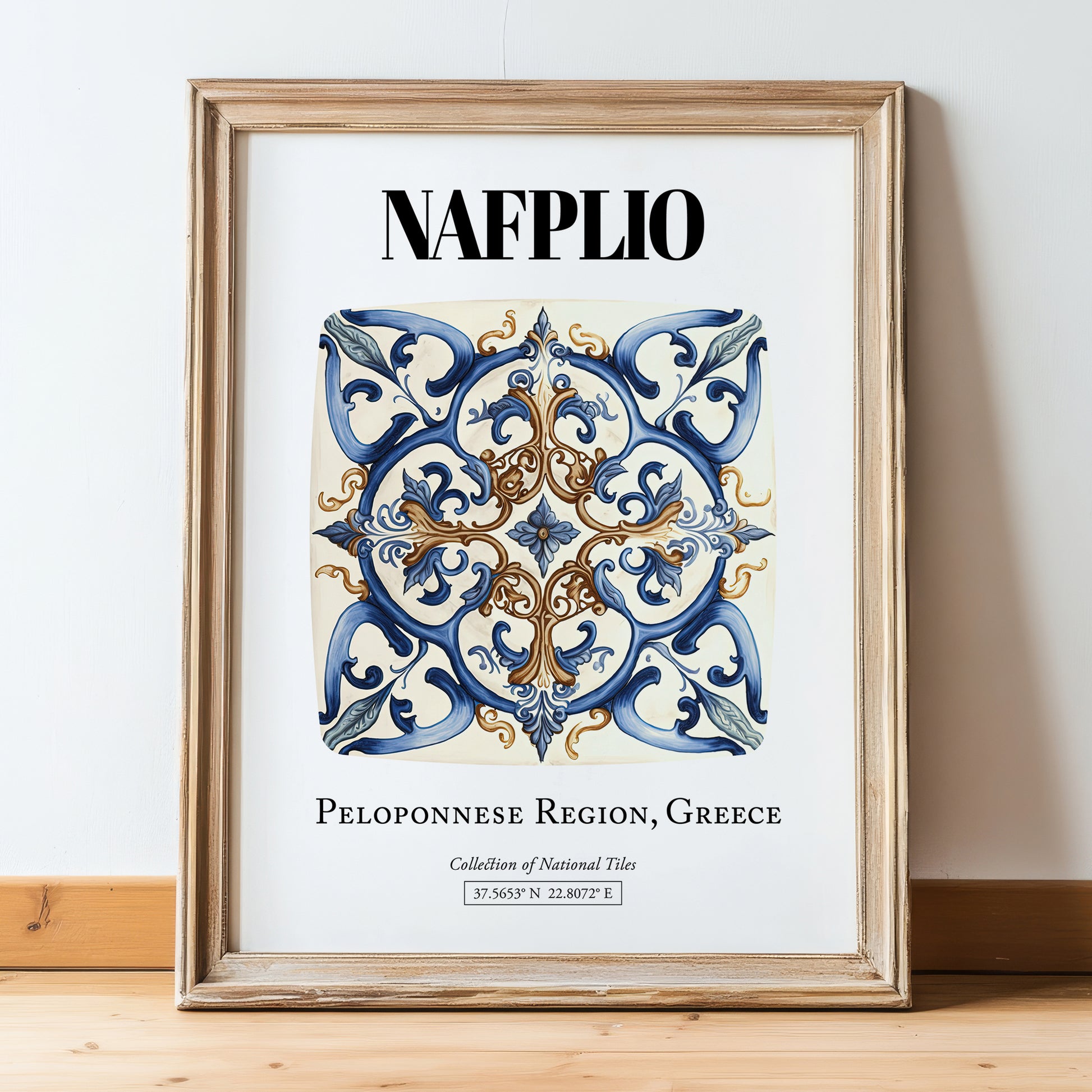 Nafplio, Greece – Wanderlust-Inspired Poster, in wooden frame leaning on the floor