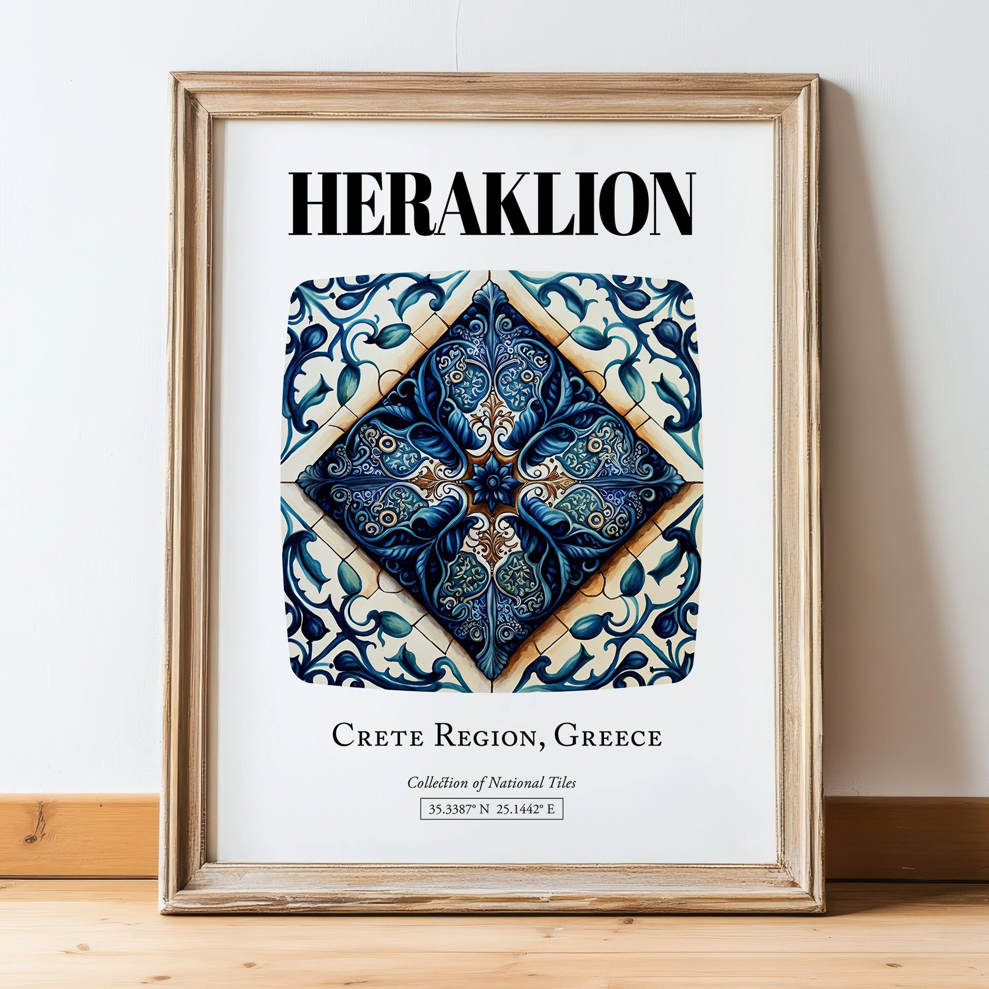 Heraklion, Greece – Travel Wall Art, in wooden frame leaning on the floor