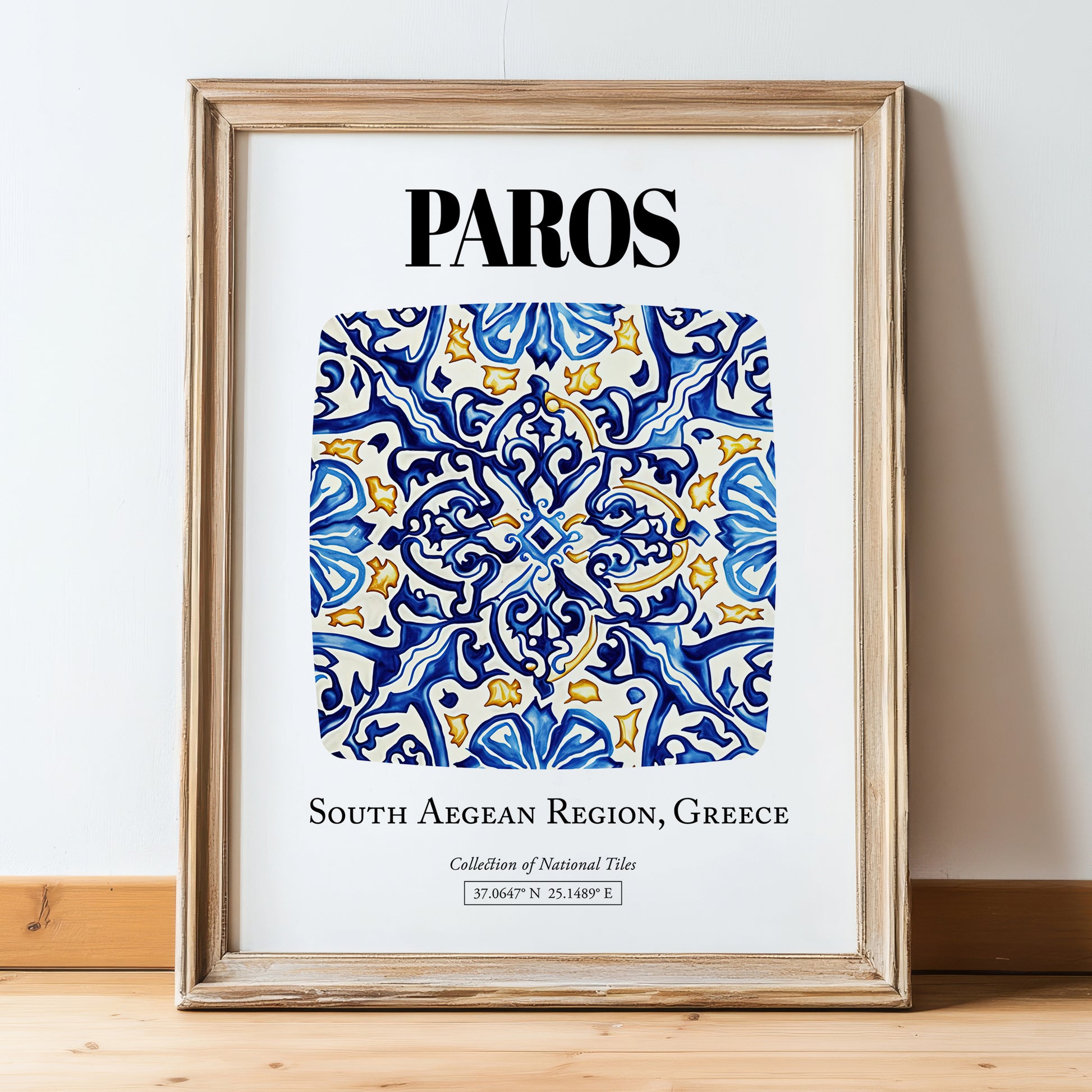 Paros, Greece – Travel Wall Decor, in wooden frame leaning on the floor