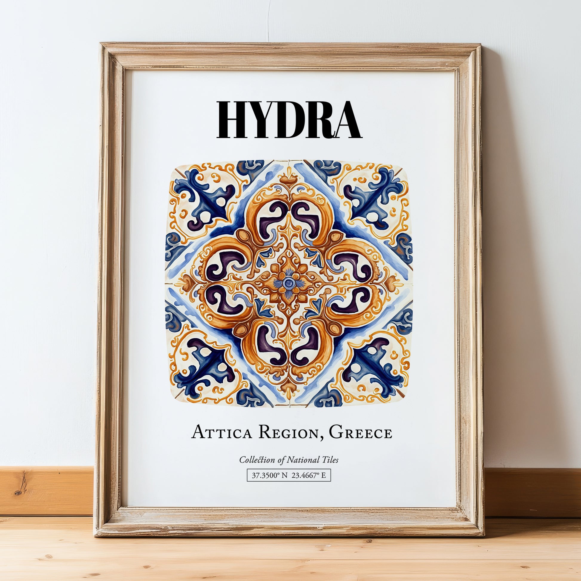 Hydra, Greece – Away From Home Poster, in wooden frame leaning on the floor