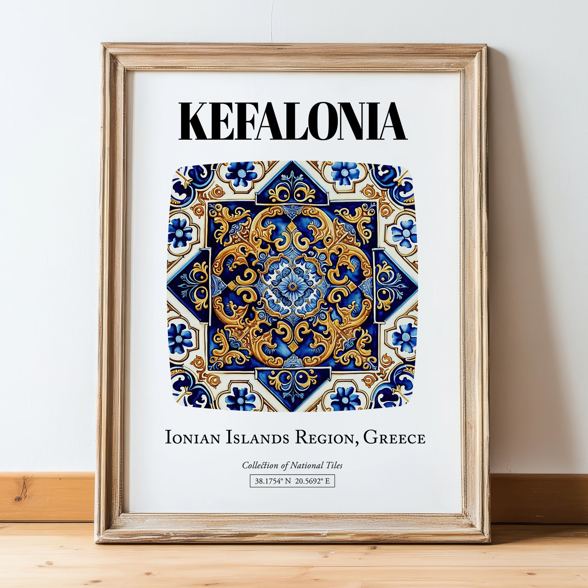 Kefalonia, Greece – Minimalist Travel Print, in wooden frame leaning on the floor